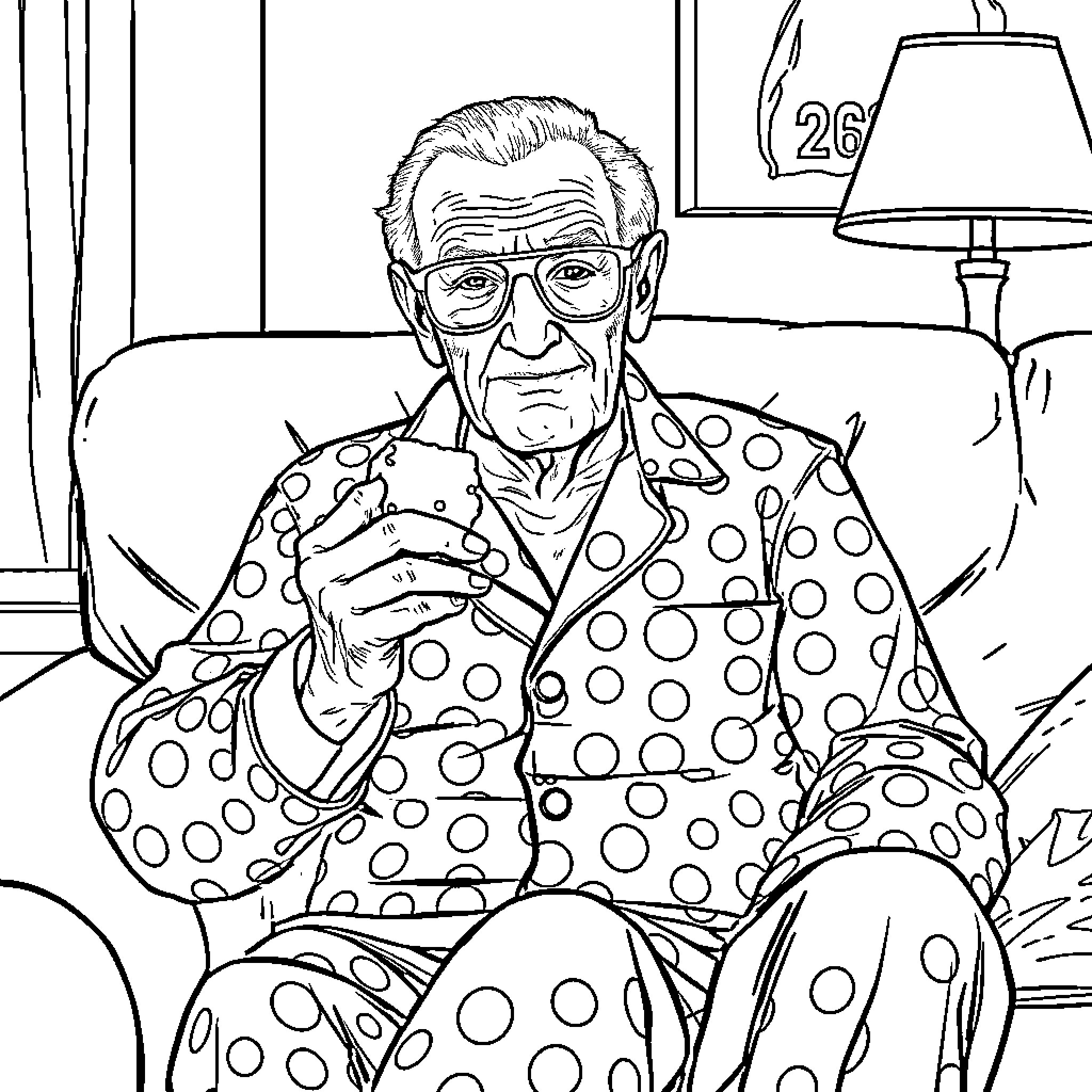 Stan Lee in a Polka Dot Robe Sitting Pensively Coloring Page (free black-and-white line drawing printable PDF for all, from beginners to advanced learners, including children, teens, adults, and seniors)