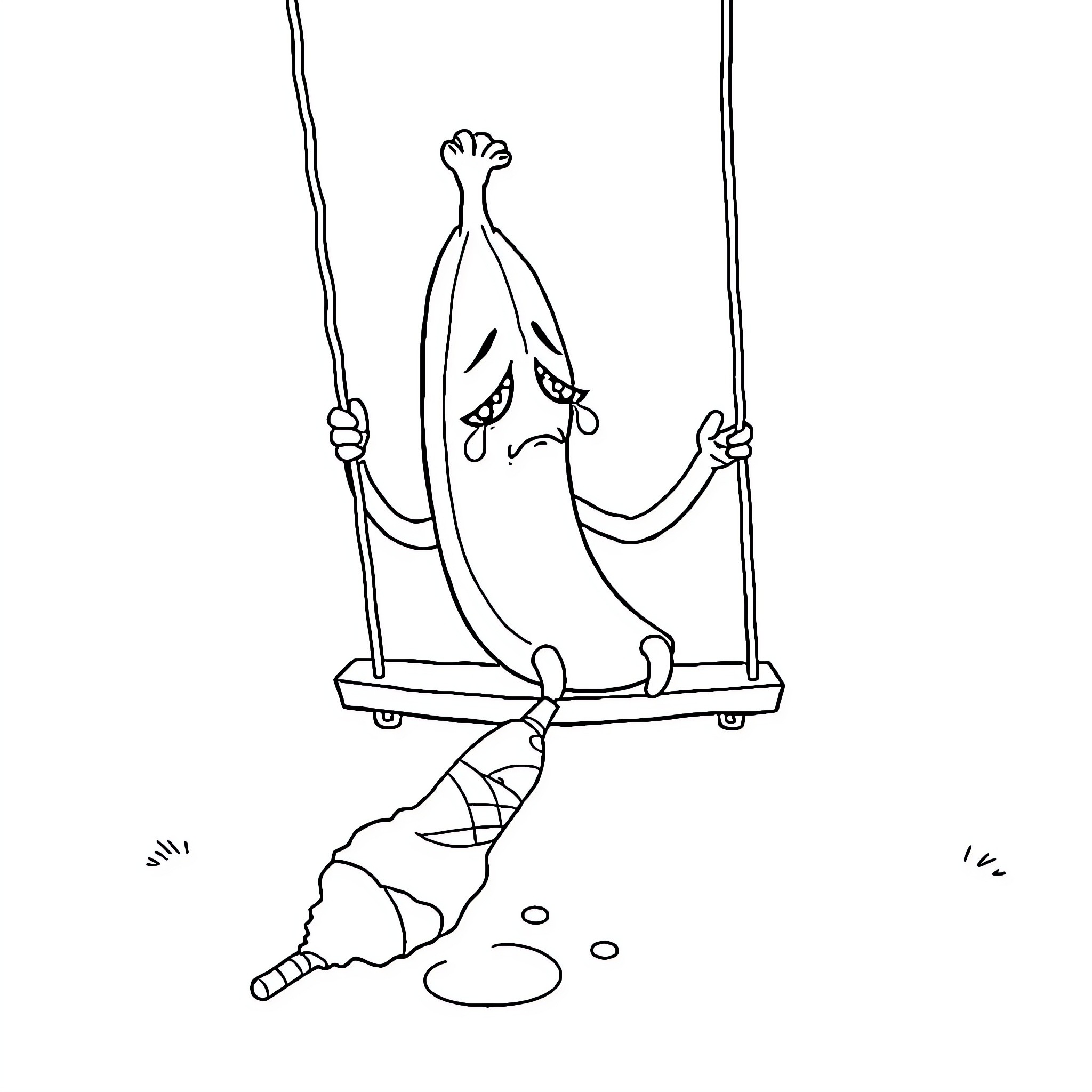 Banana swinging playfully on a rope Coloring Page (free black-and-white line drawing printable PDF for all, from beginners to advanced learners, including children, teens, adults, and seniors)