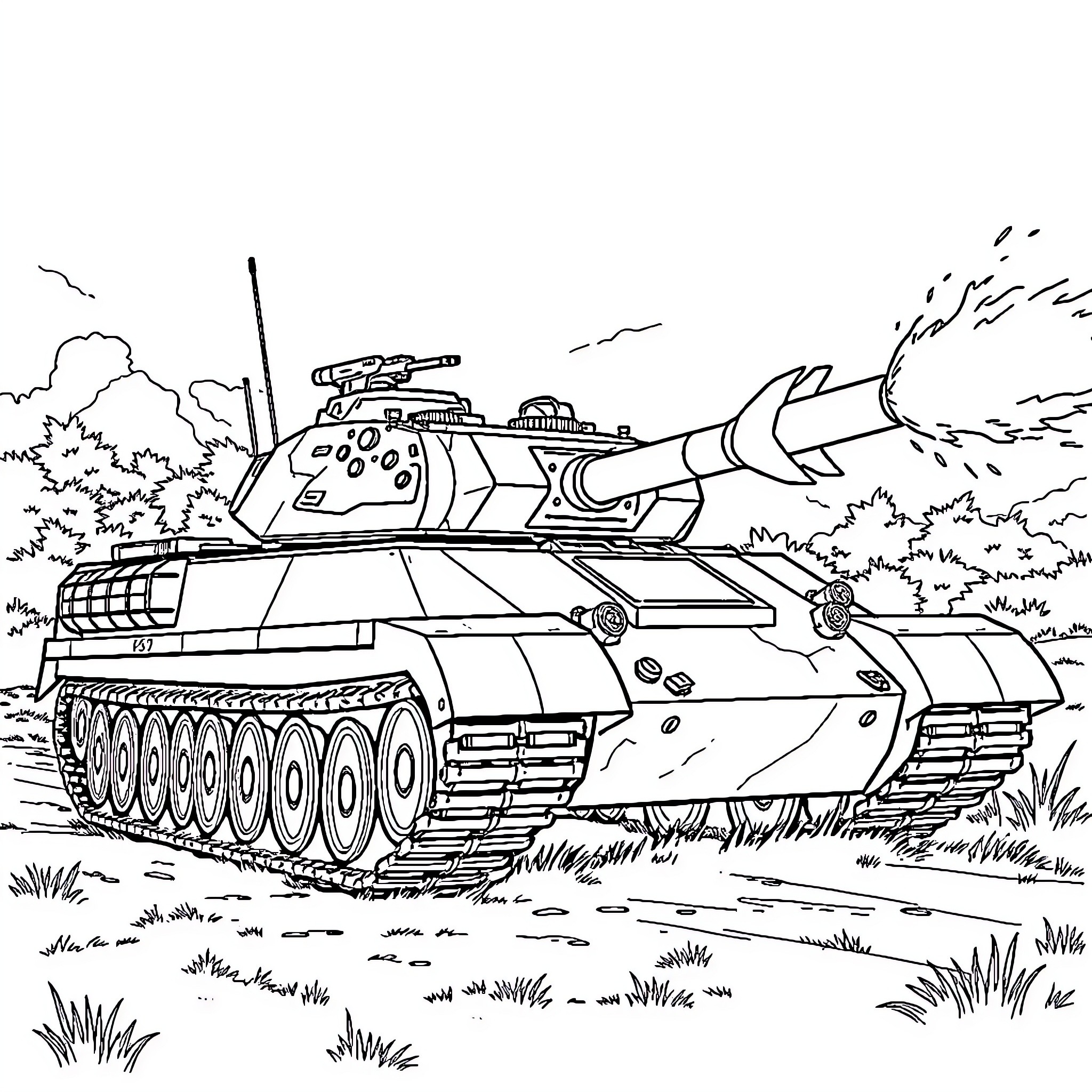 Leopard Tank Advancing Through the Battlefield Coloring Page (free black-and-white line drawing printable PDF for all, from beginners to advanced learners, including children, teens, adults, and seniors)