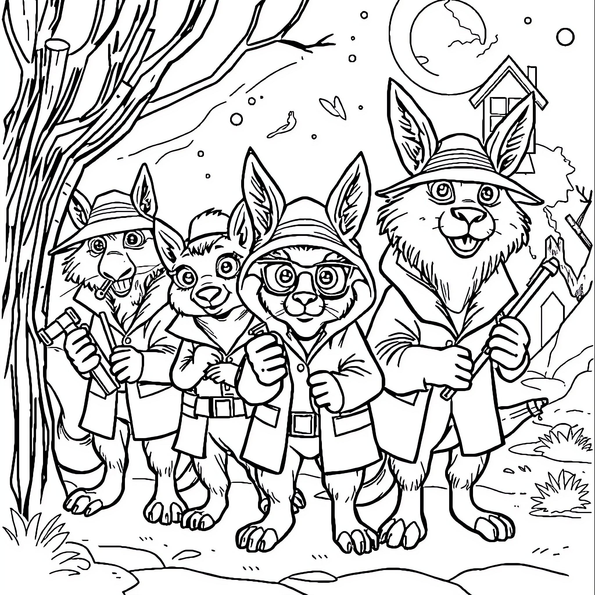 Animal Detectives Investigating the Mysterious Night Scene Coloring Page (free black-and-white line drawing printable PDF for all, from beginners to advanced learners, including children, teens, adults, and seniors)