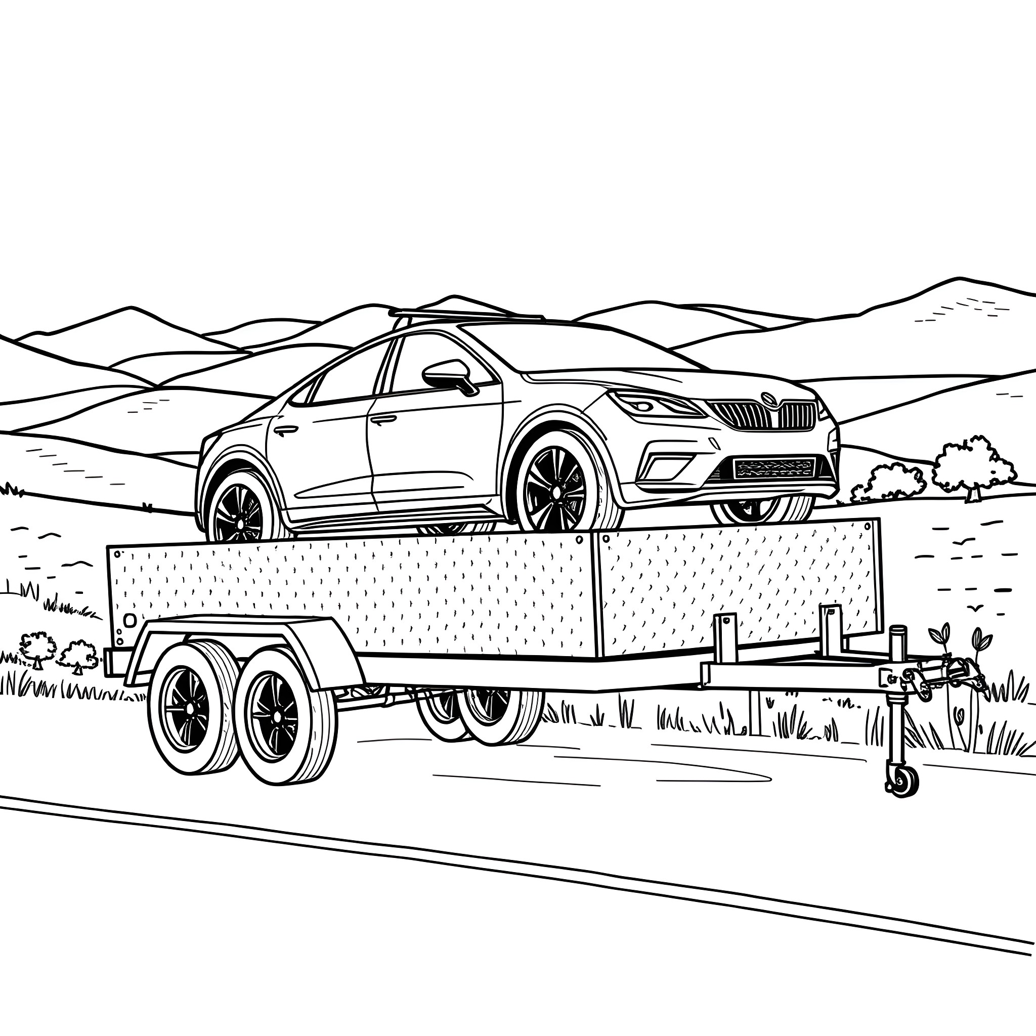 Car Trailer in Mountain Landscape Coloring Page (free black-and-white line drawing printable PDF for all, from beginners to advanced learners, including children, teens, adults, and seniors)