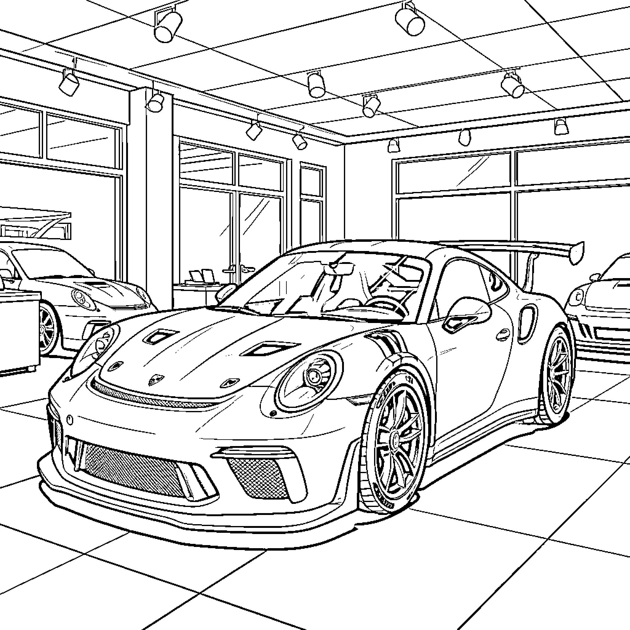 Porsche sports cars showcased in modern showroom Coloring Page (free black-and-white line drawing printable PDF for all, from beginners to advanced learners, including children, teens, adults, and seniors)