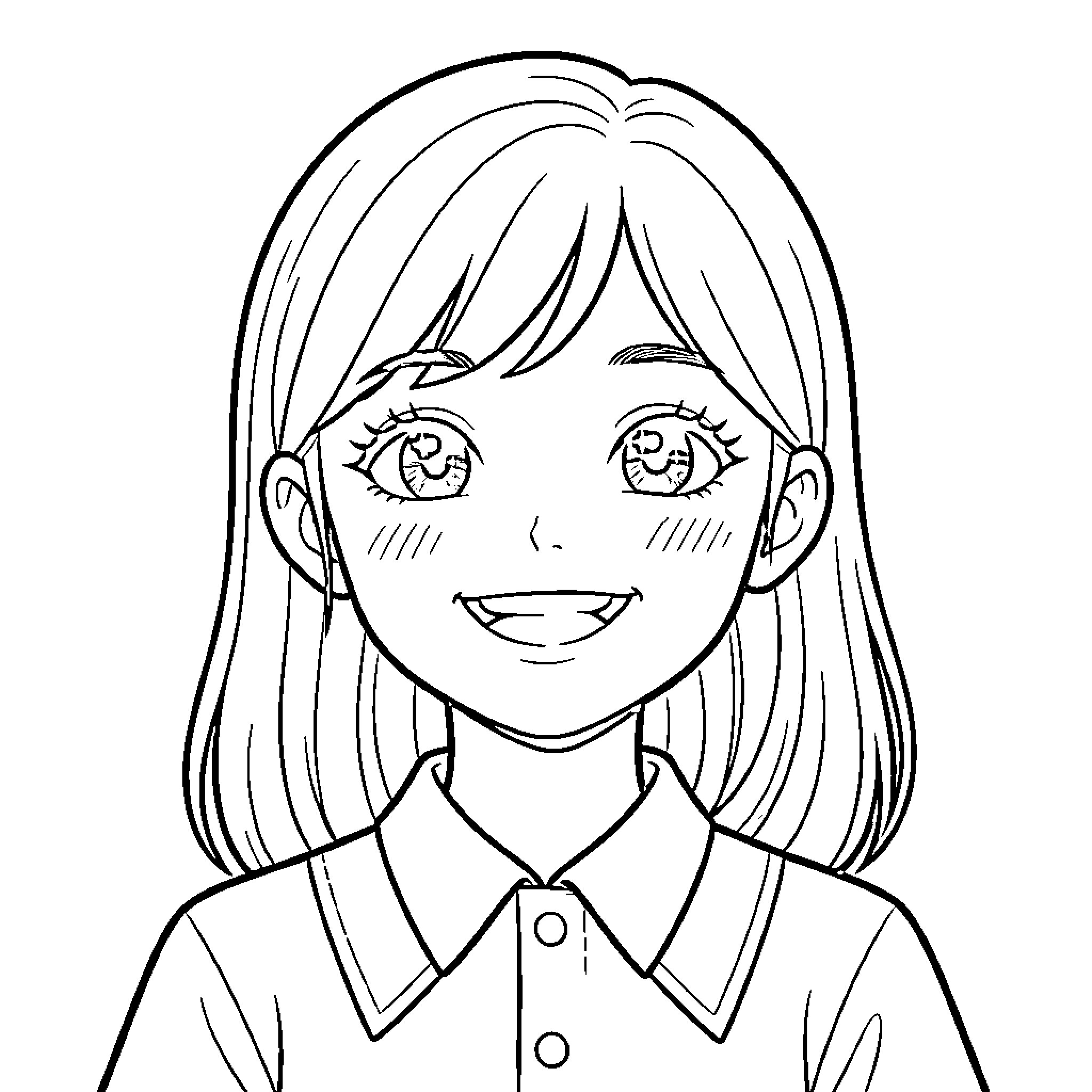 Girl with a cheerful expression Coloring Page (free black-and-white line drawing printable PDF for all, from beginners to advanced learners, including children, teens, adults, and seniors)