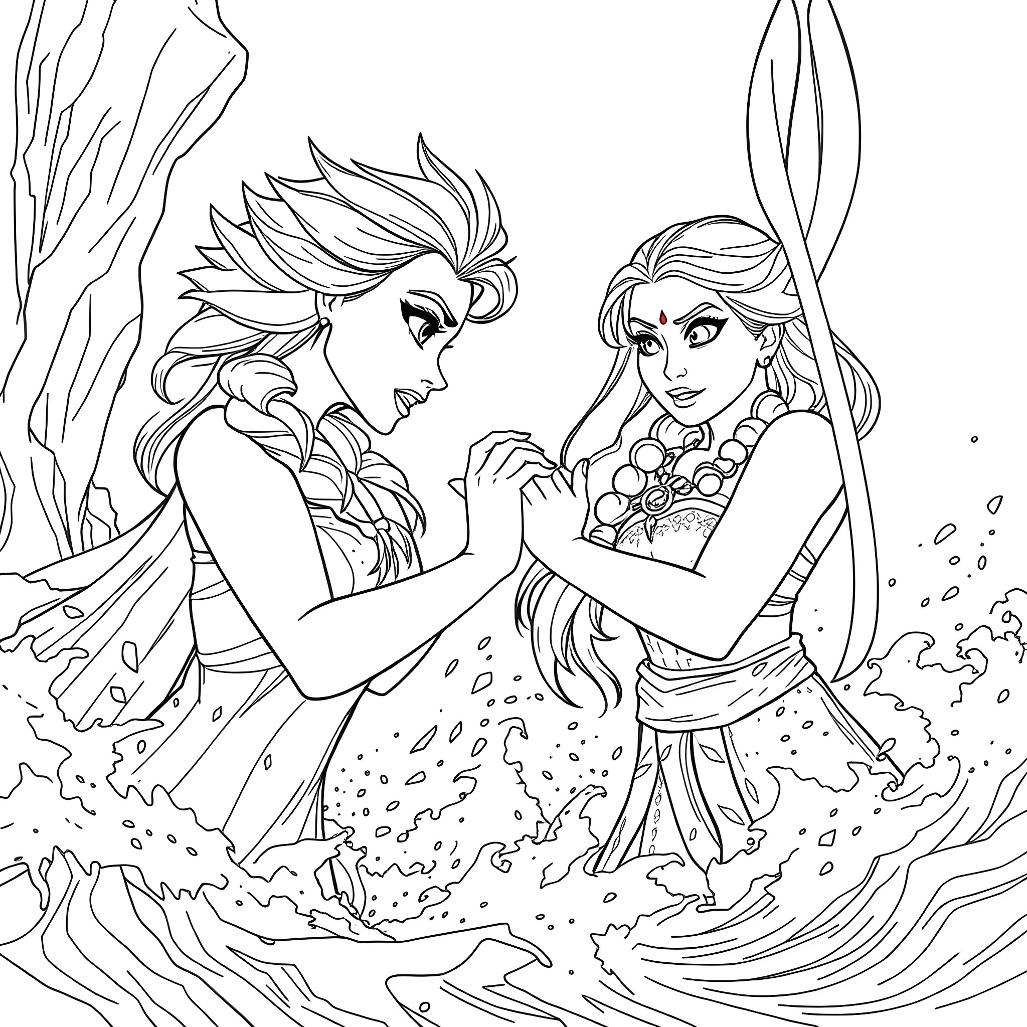 Elsa and Ariel underwater adventure Coloring Page (free black-and-white line drawing printable PDF for all, from beginners to advanced learners, including children, teens, adults, and seniors)