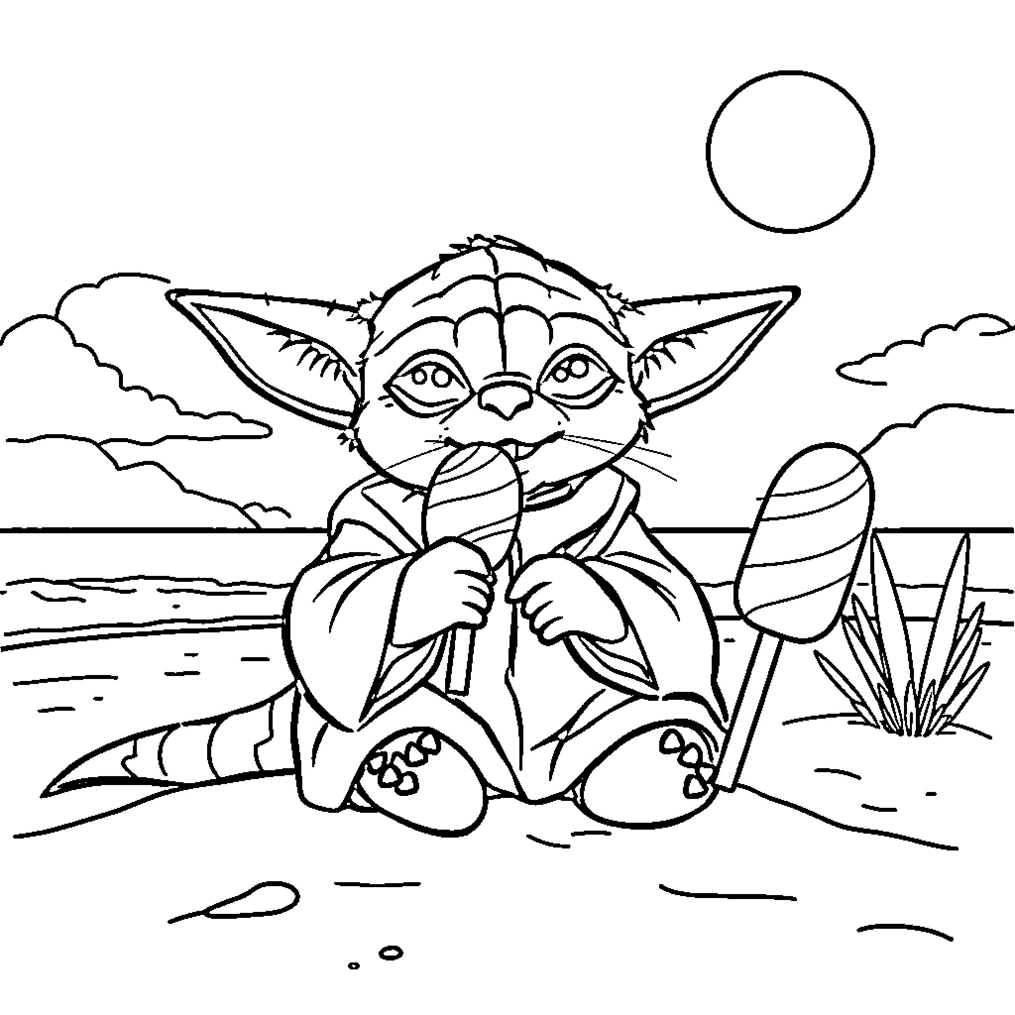 Yoda relaxing on a serene beach Coloring Page (free black-and-white line drawing printable PDF for all, from beginners to advanced learners, including children, teens, adults, and seniors)