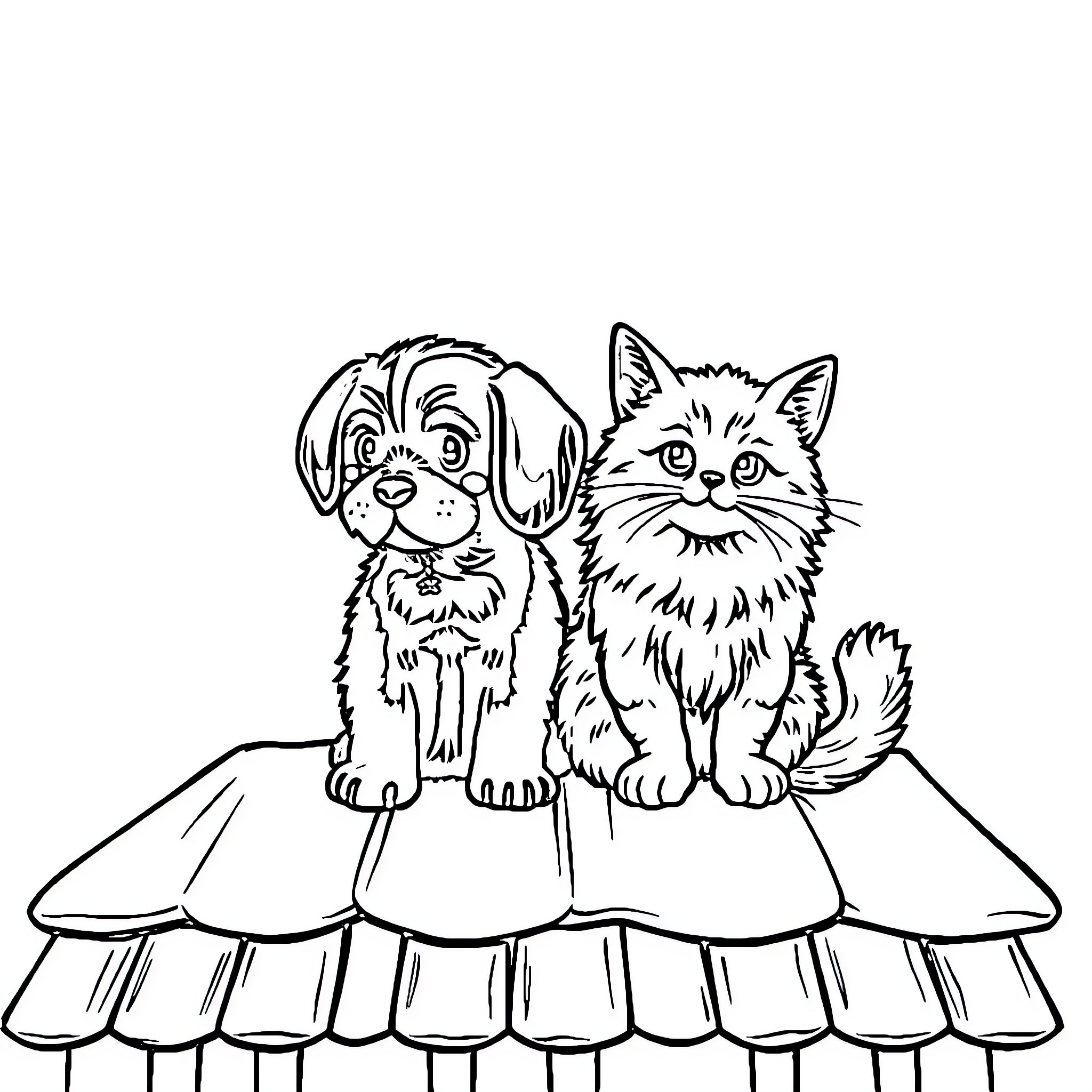 Dog and cat sitting on piano keys Coloring Page (free black-and-white line drawing printable PDF for all, from beginners to advanced learners, including children, teens, adults, and seniors)