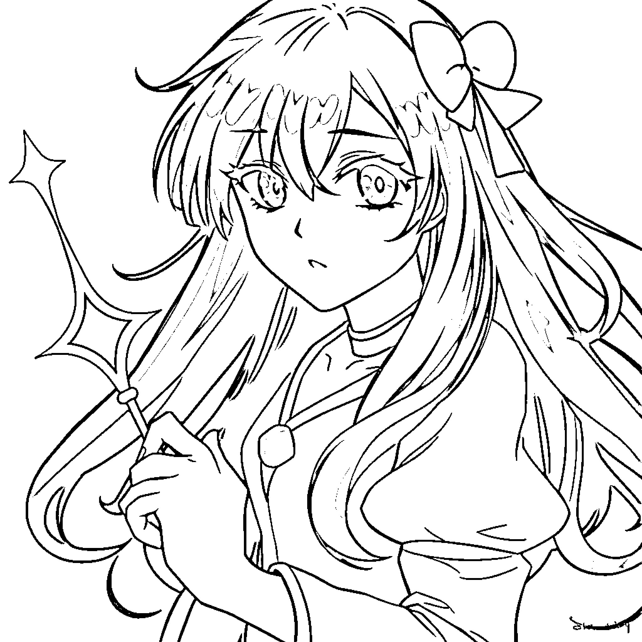 Rin Tohsaka in Magical Girl Pose Coloring Page (free black-and-white line drawing printable PDF for all, from beginners to advanced learners, including children, teens, adults, and seniors)