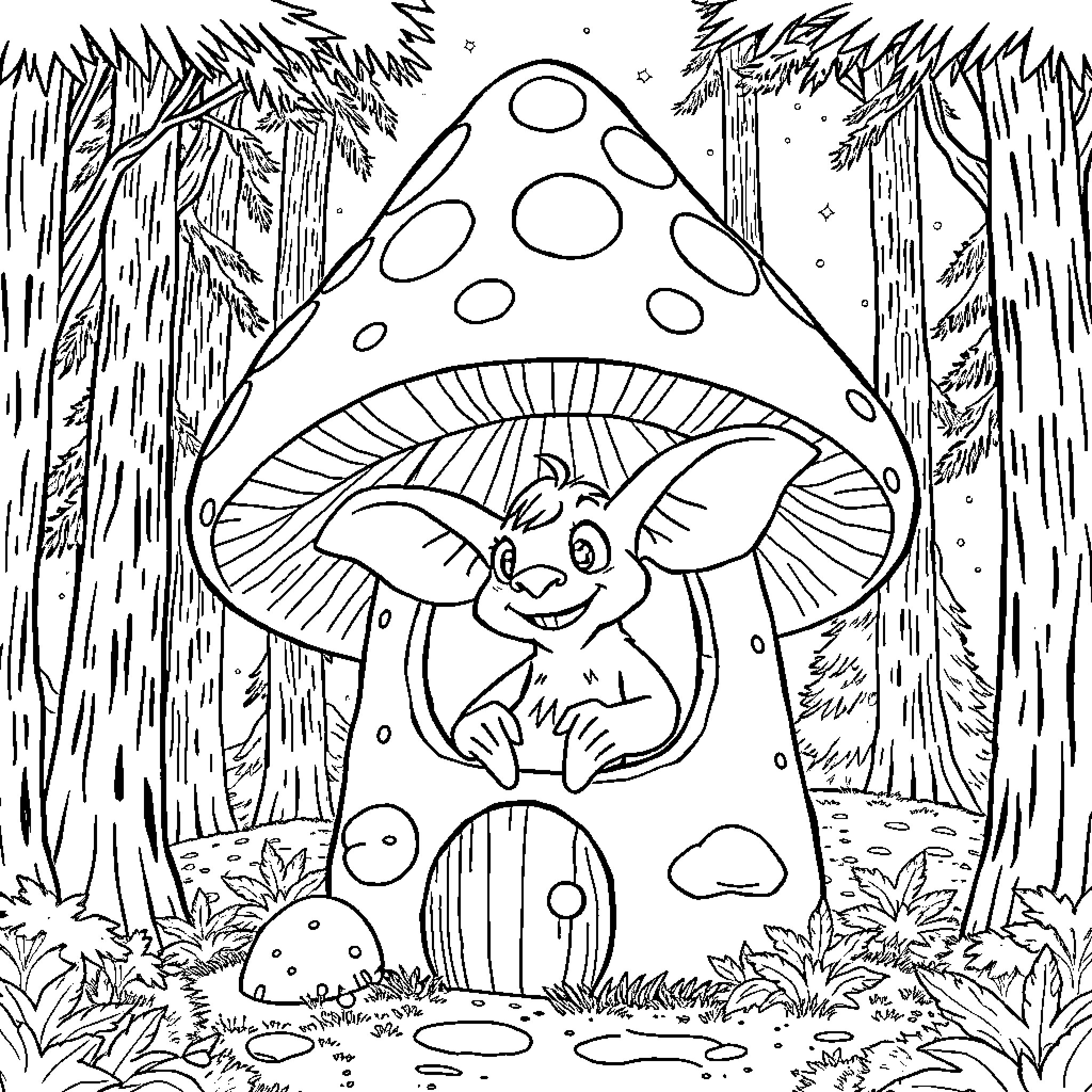 Monster Gnome Playing Happily in Enchanted Forest Coloring Page (free black-and-white line drawing printable PDF for all, from beginners to advanced learners, including children, teens, adults, and seniors)