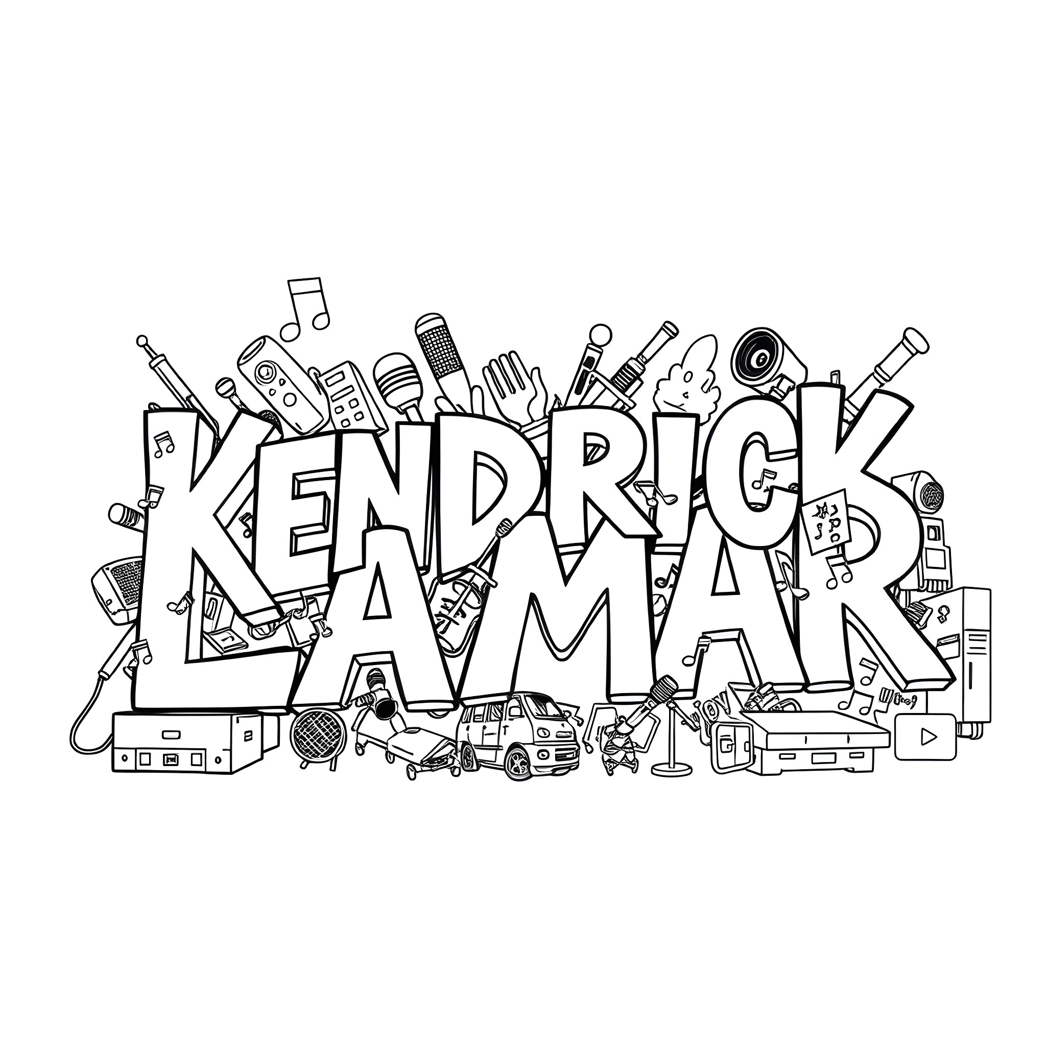 Kendrick Lamar's artistic expression through musical instruments Coloring Page (free black-and-white line drawing printable PDF for all, from beginners to advanced learners, including children, teens, adults, and seniors)