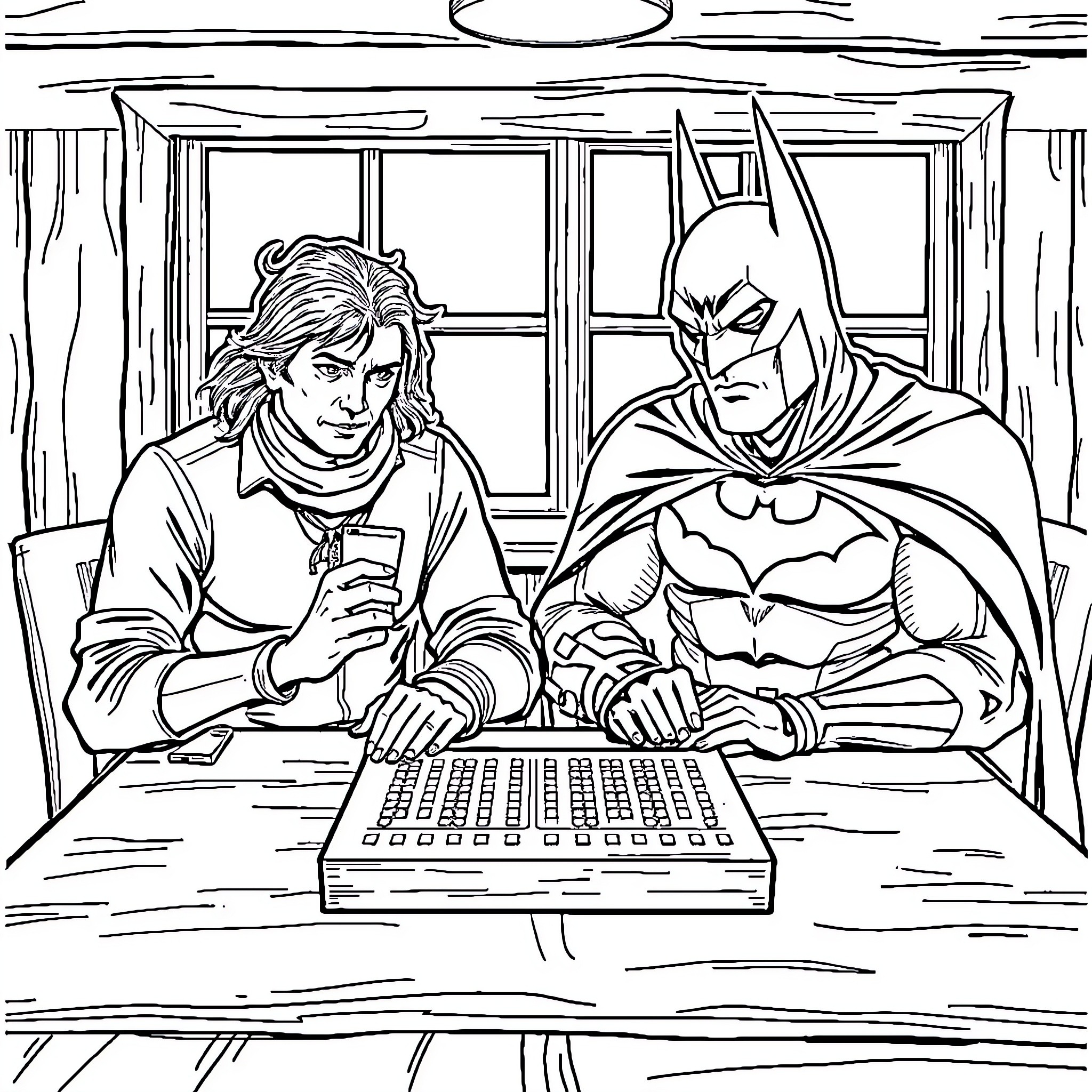 Itachi and Batman working together on a computer Coloring Page (free black-and-white line drawing printable PDF for all, from beginners to advanced learners, including children, teens, adults, and seniors)