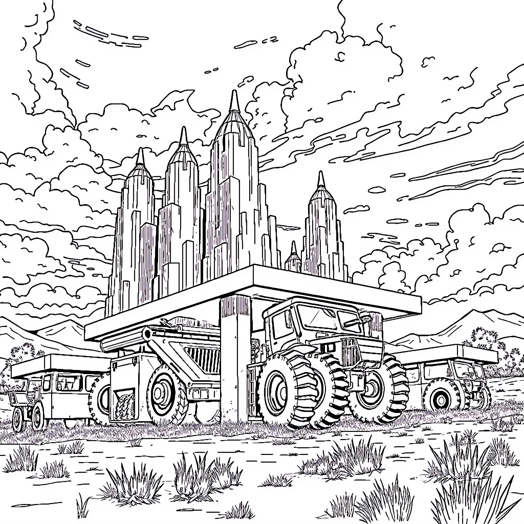 Oil Field Machinery in Rugged Terrain with Towering Structures Coloring Page (free black-and-white line drawing printable PDF for all, from beginners to advanced learners, including children, teens, adults, and seniors)