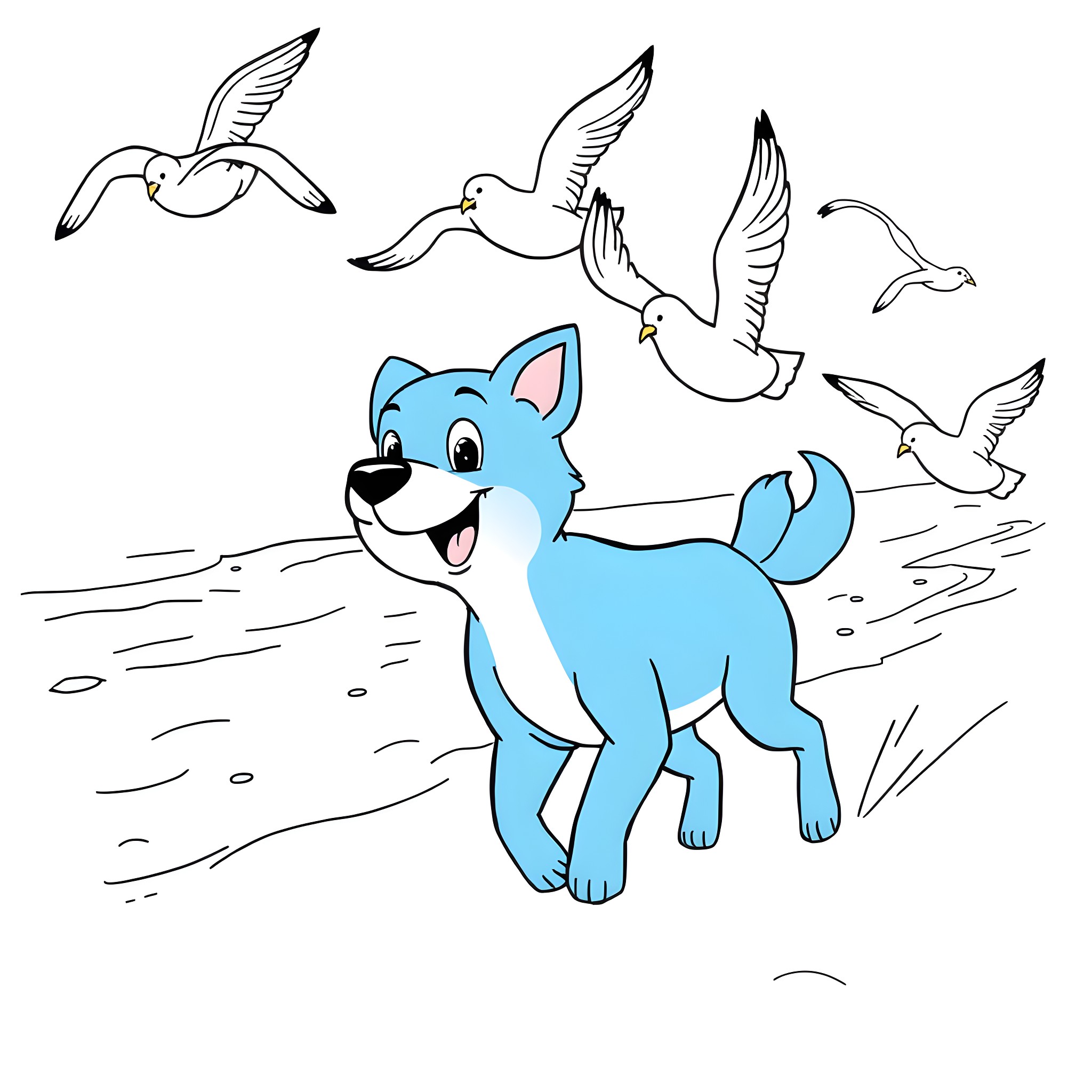 Bluey playing happily with seagulls by the beach Coloring Page (free black-and-white line drawing printable PDF for all, from beginners to advanced learners, including children, teens, adults, and seniors)