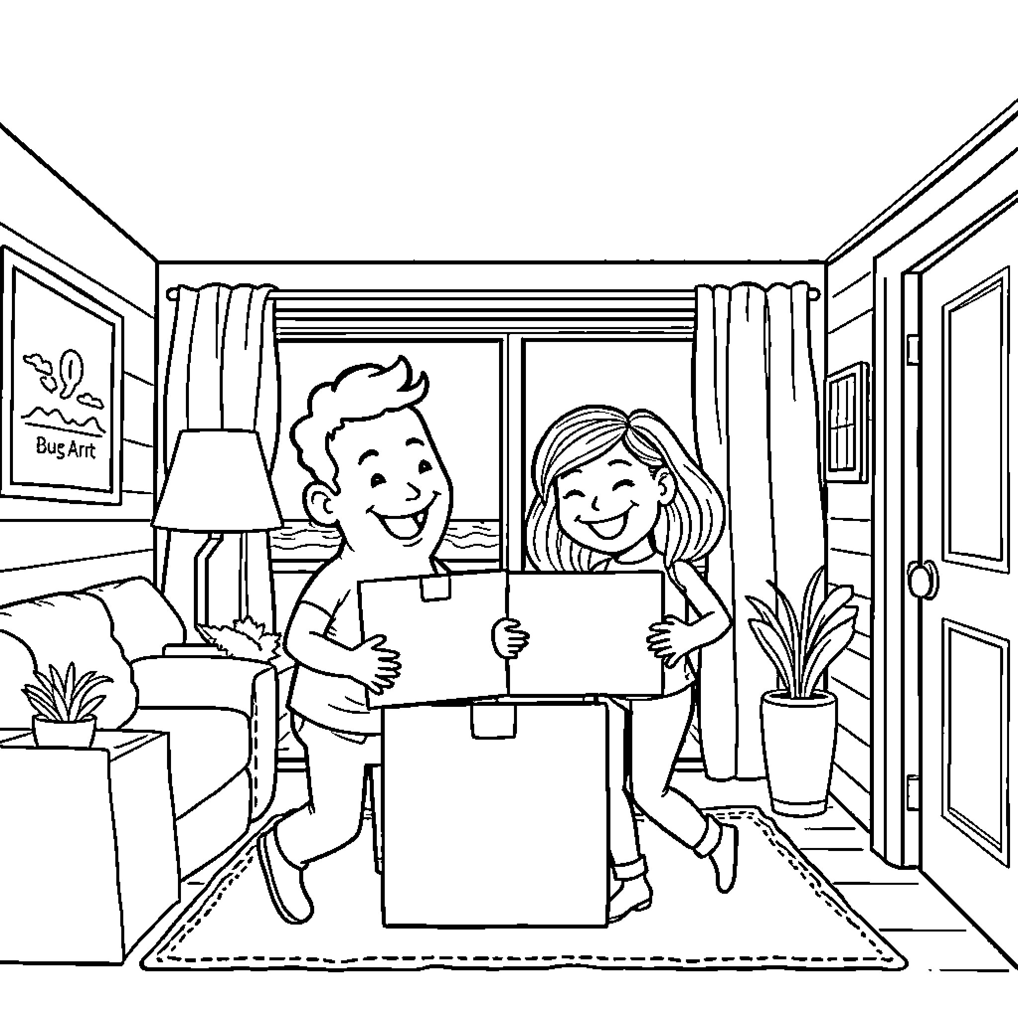 Bean children playing and exploring in a cozy room Coloring Page (free black-and-white line drawing printable PDF for all, from beginners to advanced learners, including children, teens, adults, and seniors)