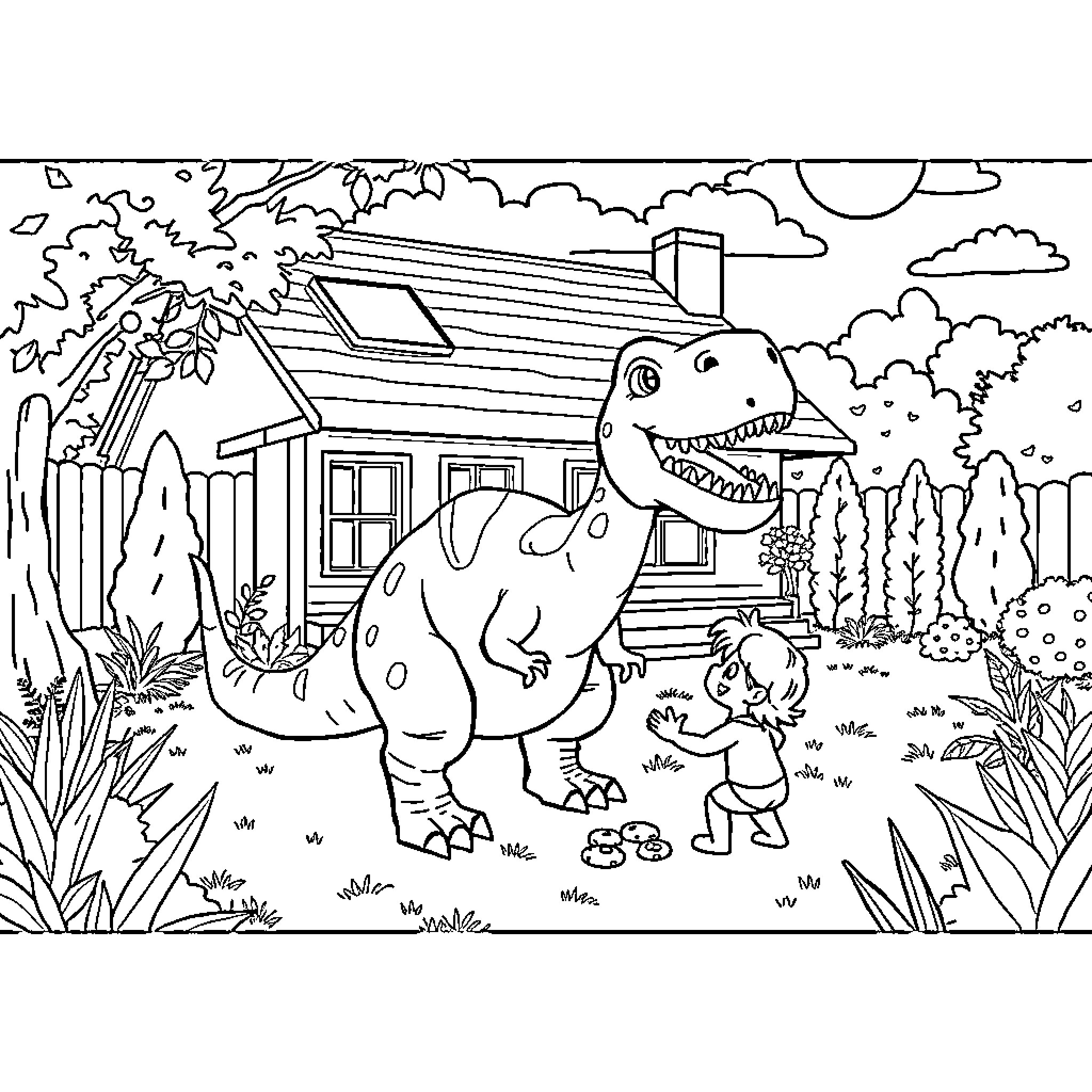 Dinosaur playing with a child in a backyard Coloring Page (free black-and-white line drawing printable PDF for all, from beginners to advanced learners, including children, teens, adults, and seniors)