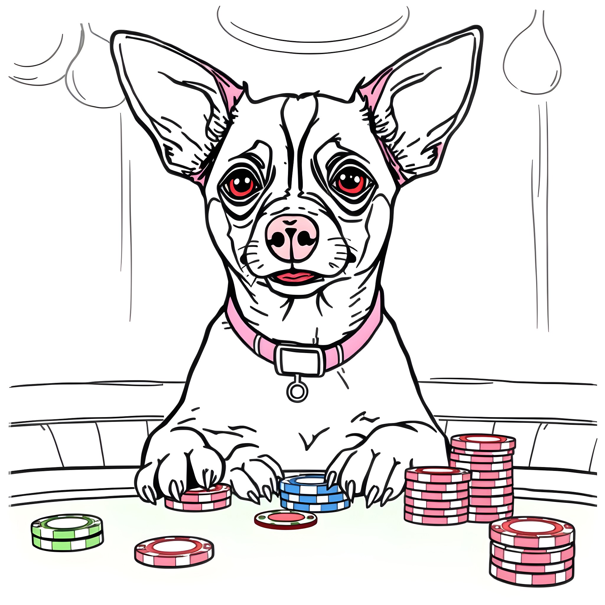 Dog gambler playing poker at casino Coloring Page (free black-and-white line drawing printable PDF for all, from beginners to advanced learners, including children, teens, adults, and seniors)