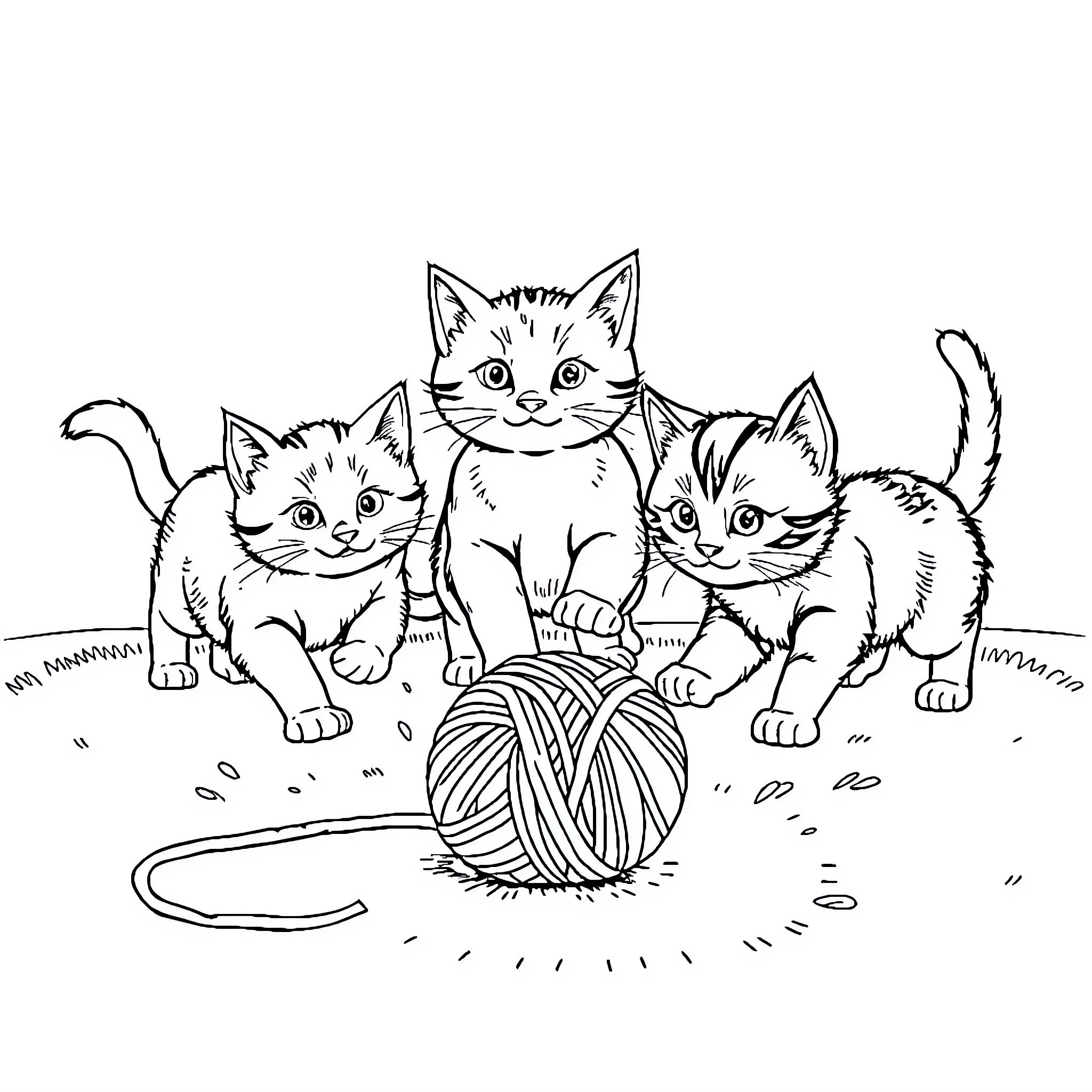 Cat kittens playing with yarn ball Coloring Page (free black-and-white line drawing printable PDF for all, from beginners to advanced learners, including children, teens, adults, and seniors)