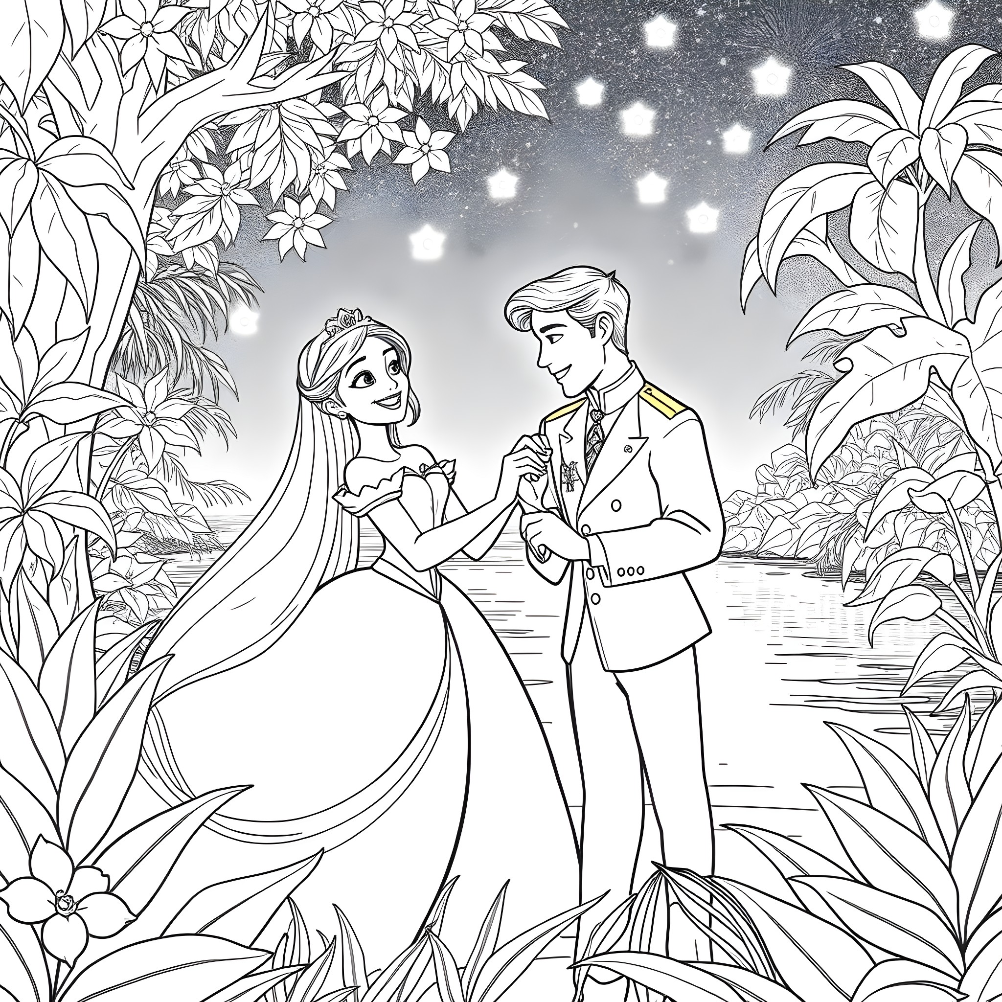 Tiana and Prince Naveen's Romantic Enchanted Evening Coloring Page (free black-and-white line drawing printable PDF for all, from beginners to advanced learners, including children, teens, adults, and seniors)