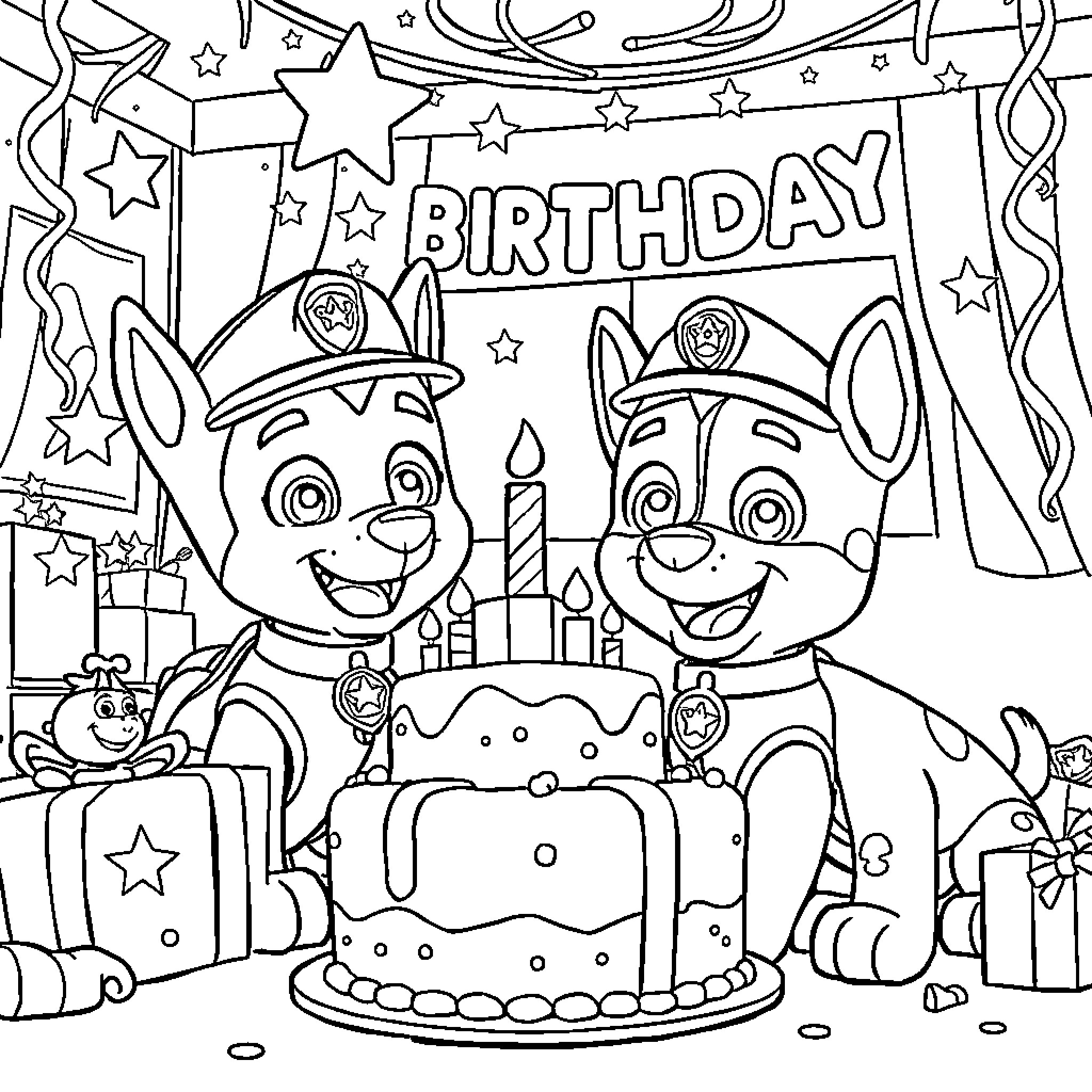 Chase party dogs celebrating birthday with cake and gifts Coloring Page (free black-and-white line drawing printable PDF for all, from beginners to advanced learners, including children, teens, adults, and seniors)
