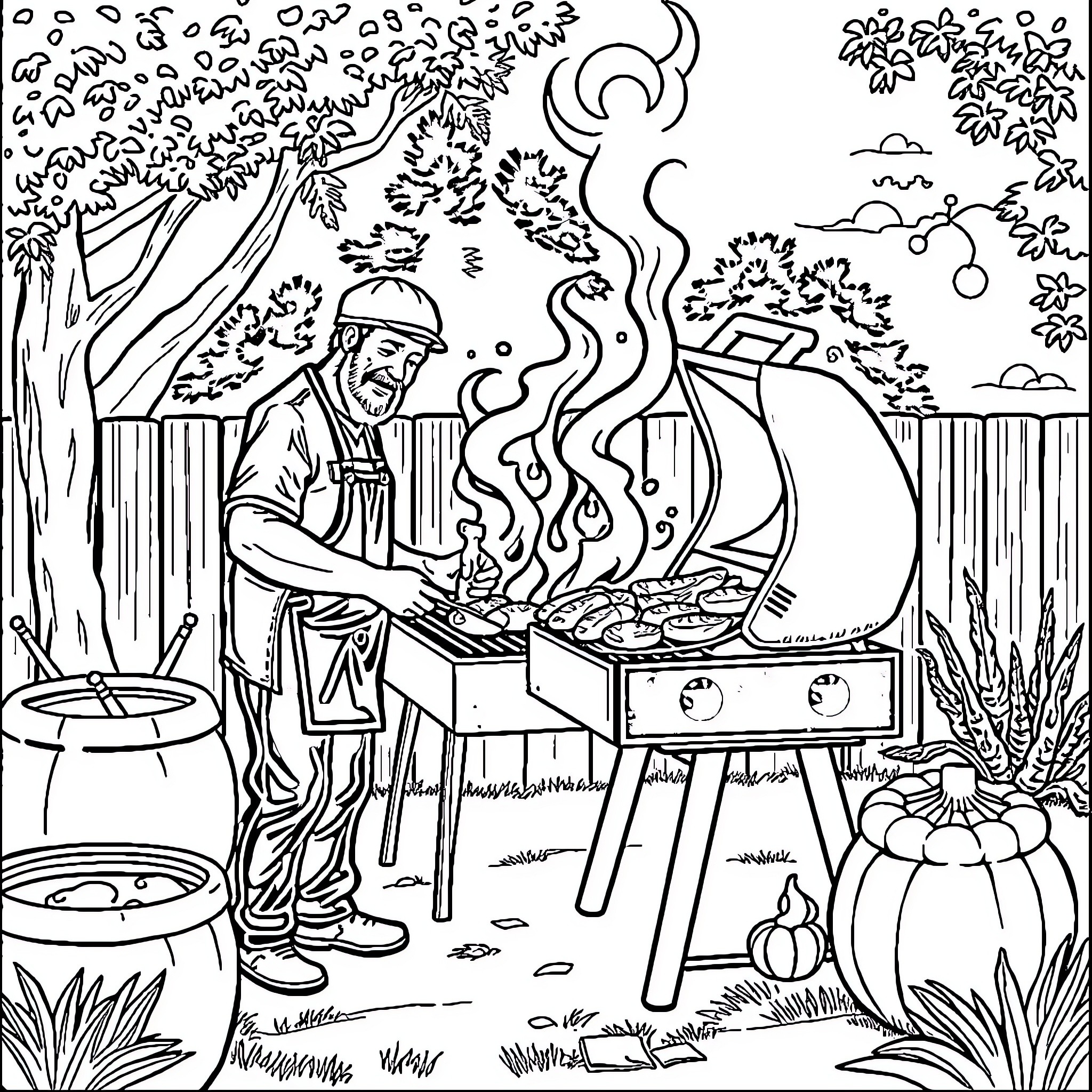 BBQ Pit Master Grilling Delicious Meals Outdoors Coloring Page (free black-and-white line drawing printable PDF for all, from beginners to advanced learners, including children, teens, adults, and seniors)