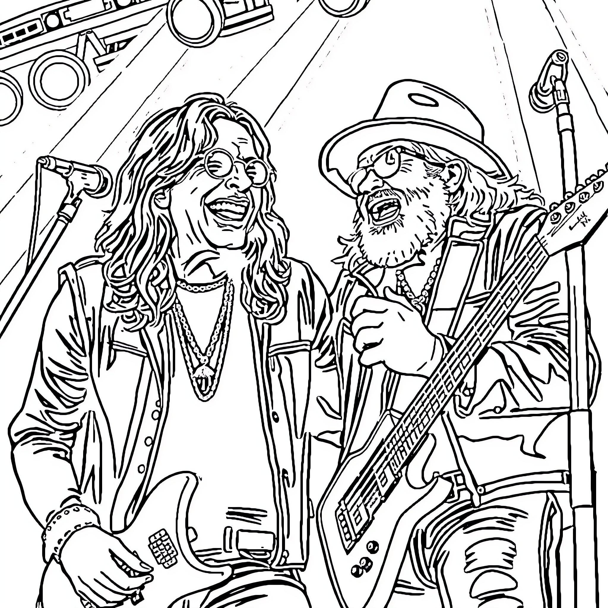 Ozzy and Zakk Wylde rocking on stage Coloring Page (free black-and-white line drawing printable PDF for all, from beginners to advanced learners, including children, teens, adults, and seniors)