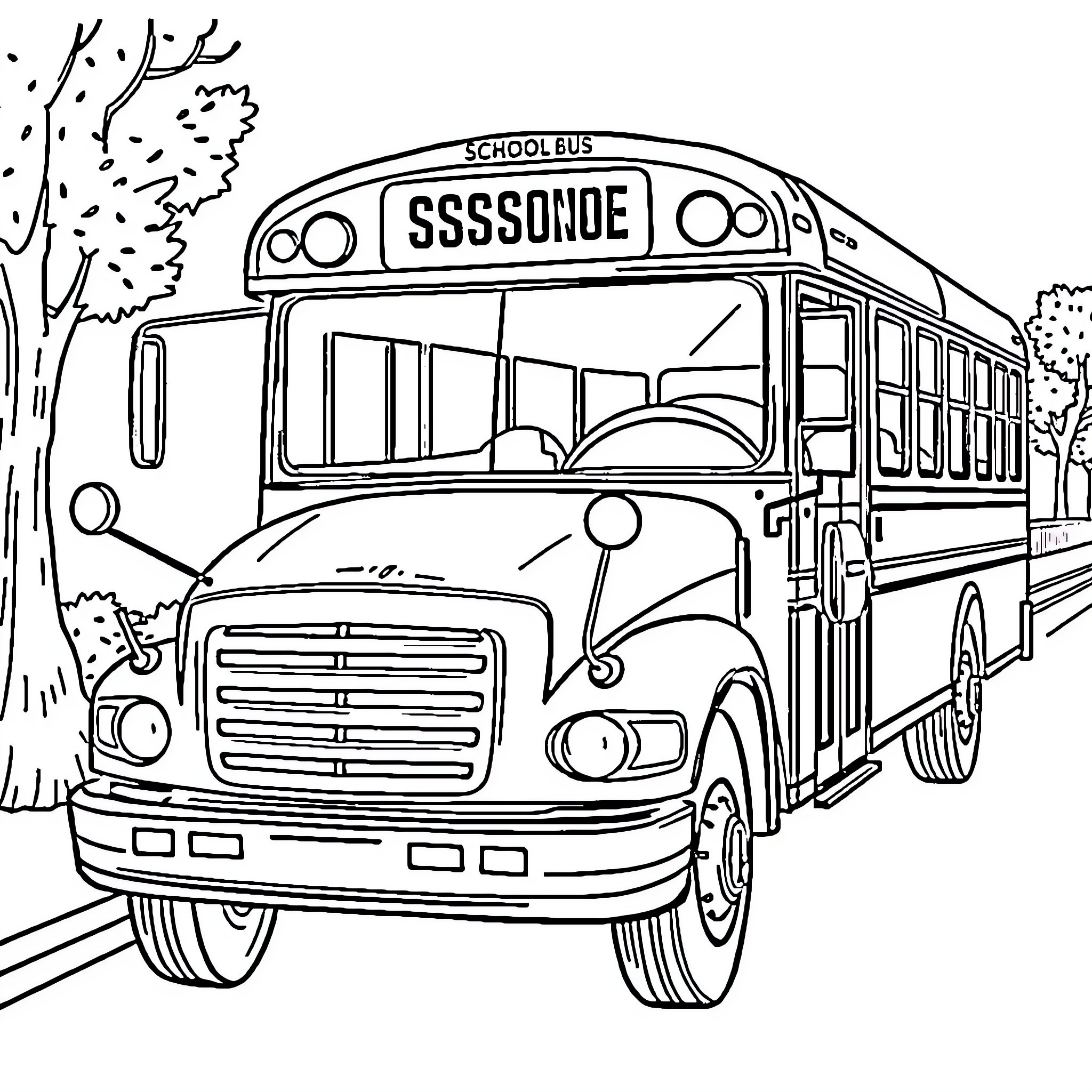 School Bus Transporting Students on a Rural Road Coloring Page (free black-and-white line drawing printable PDF for all, from beginners to advanced learners, including children, teens, adults, and seniors)