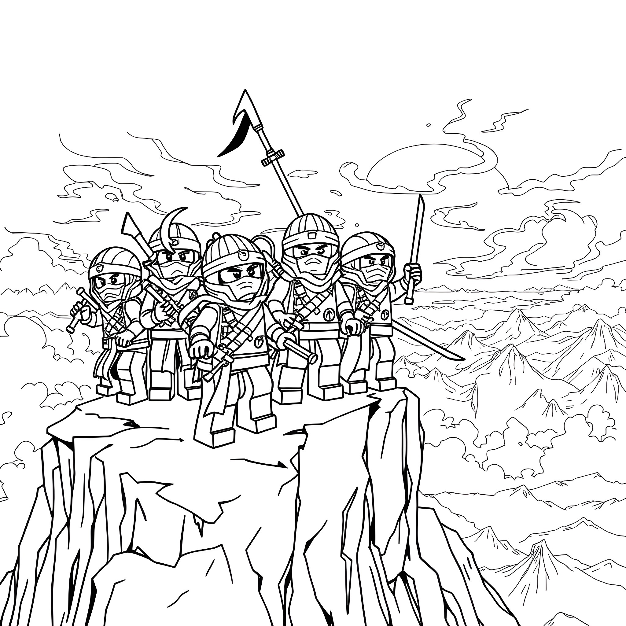 Ninja Warriors Engaging in Dramatic Mountain Confrontation Coloring Page (free black-and-white line drawing printable PDF for all, from beginners to advanced learners, including children, teens, adults, and seniors)