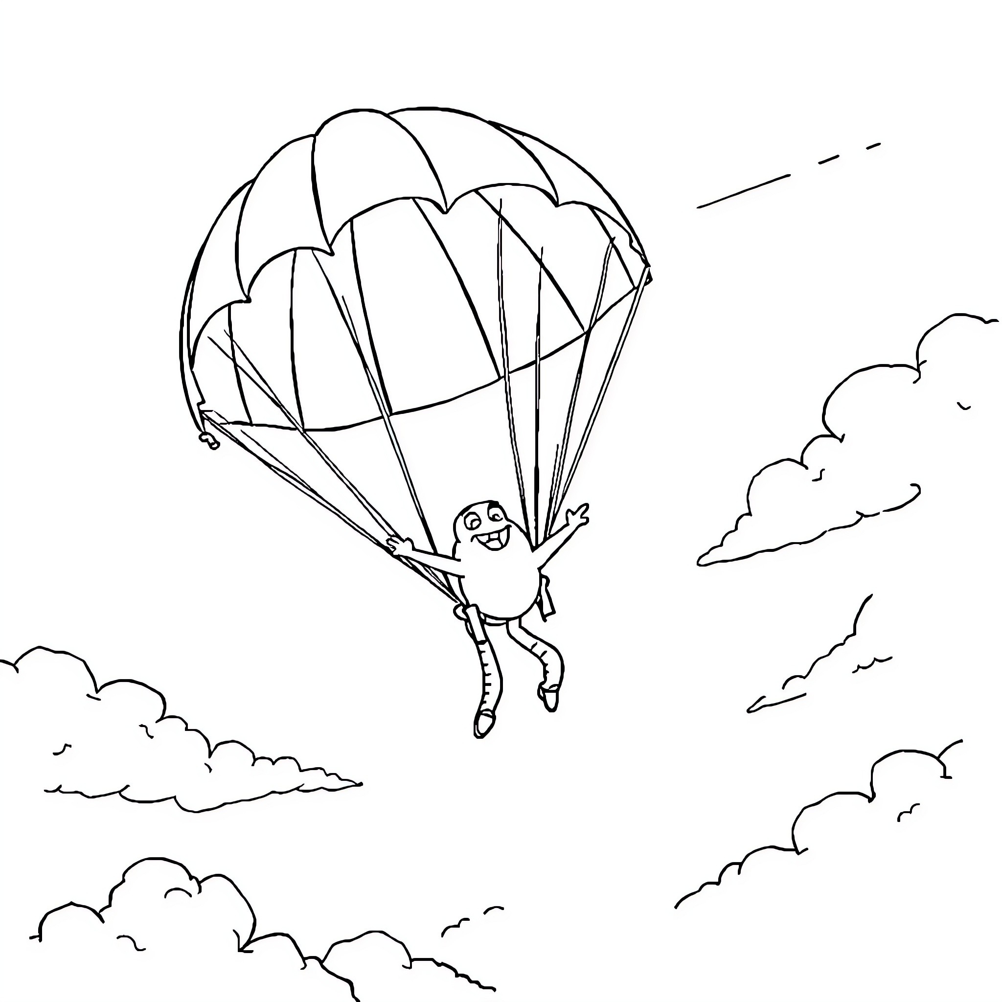 Spongebob parachuting through the clouds Coloring Page (free black-and-white line drawing printable PDF for all, from beginners to advanced learners, including children, teens, adults, and seniors)