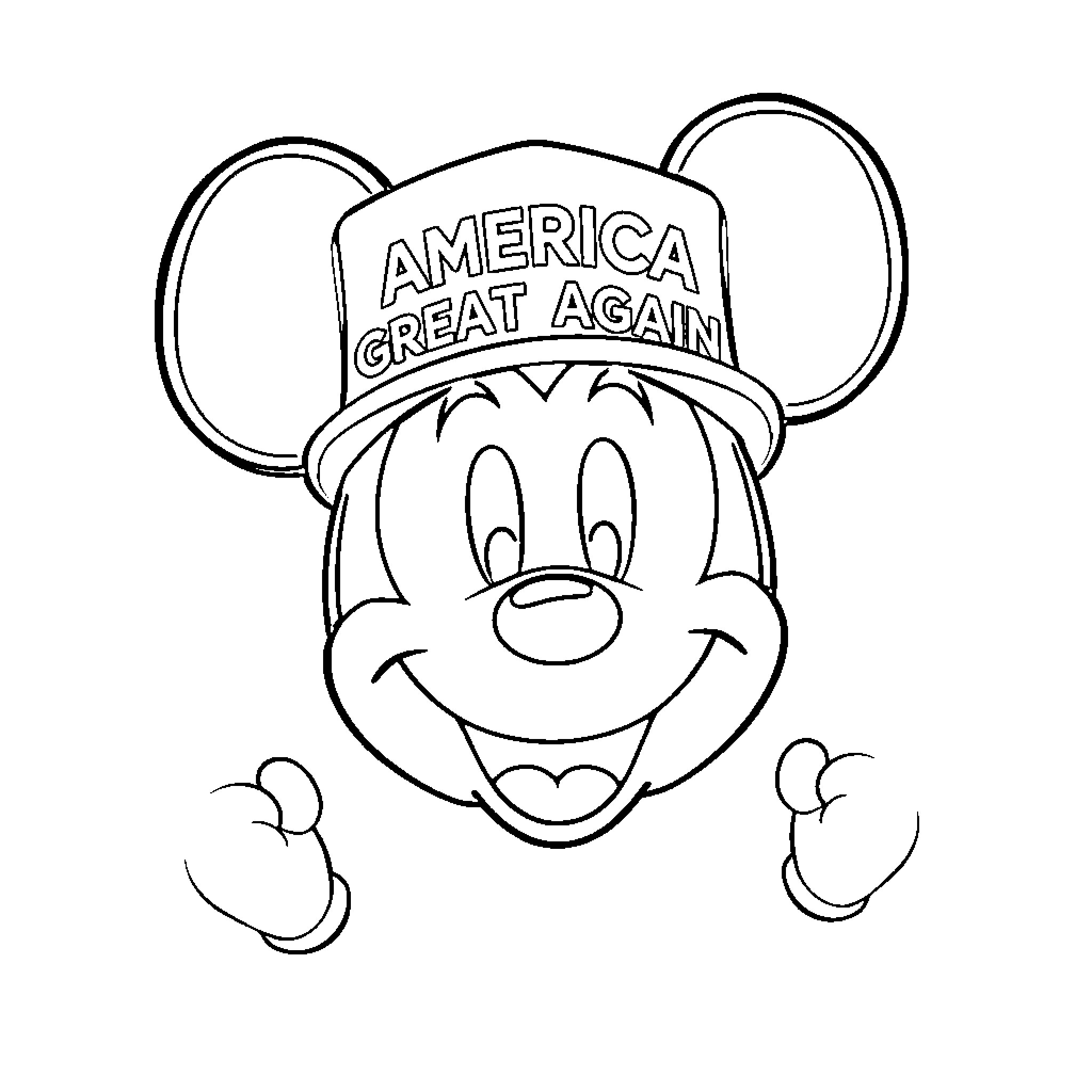 Mickey Mouse supporting 'America Great Again' Coloring Page (free black-and-white line drawing printable PDF for all, from beginners to advanced learners, including children, teens, adults, and seniors)