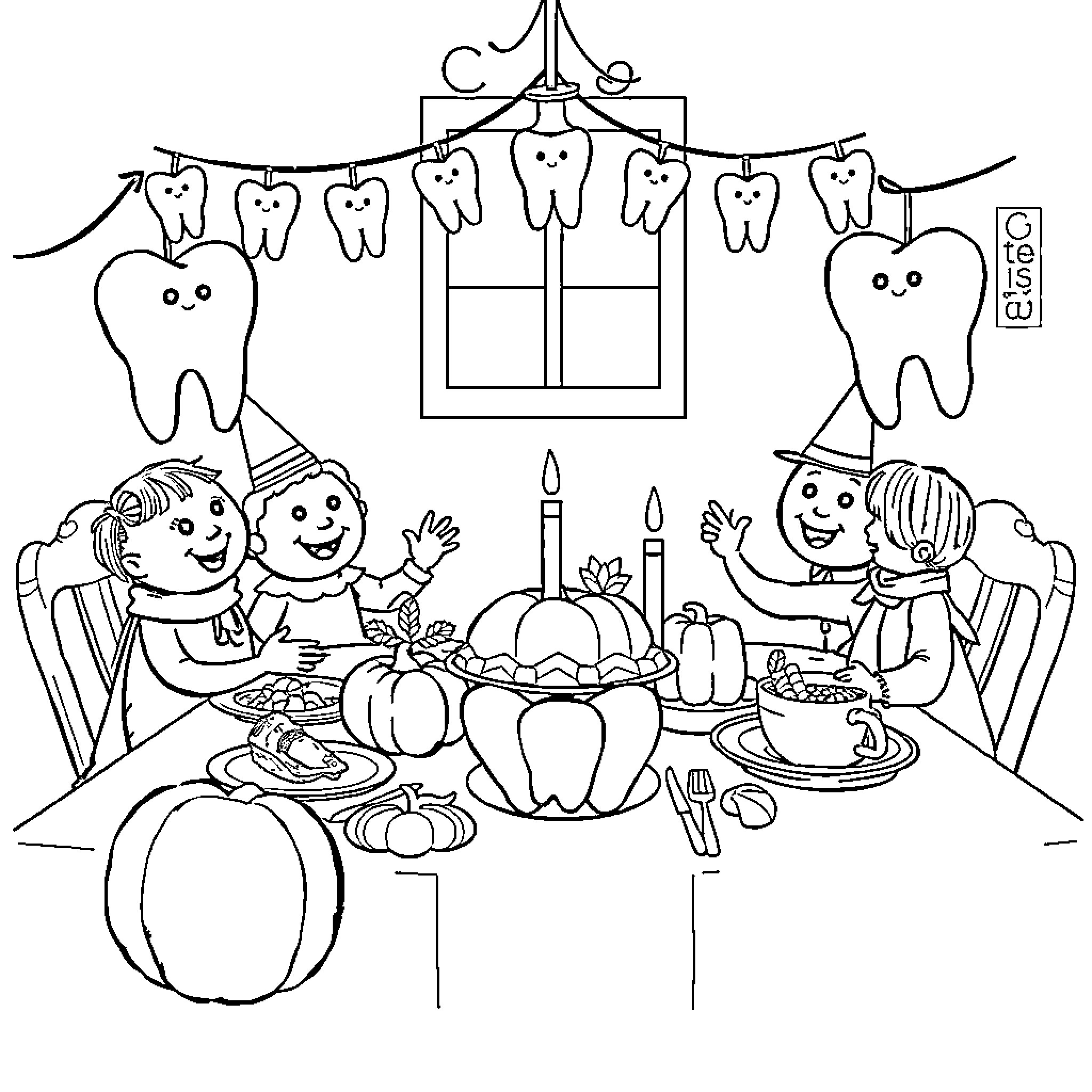 Dental Family Celebration with Festive Decor Coloring Page (free black-and-white line drawing printable PDF for all, from beginners to advanced learners, including children, teens, adults, and seniors)
