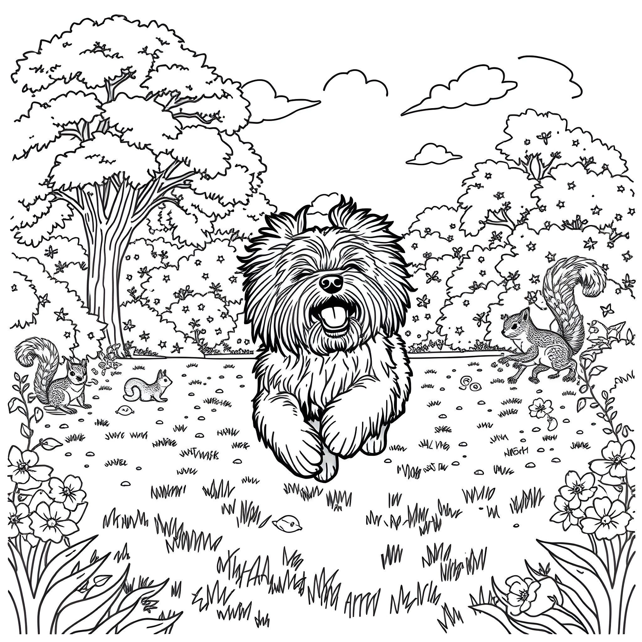 Tibetan Terrier playing joyfully in a nature scene Coloring Page (free black-and-white line drawing printable PDF for all, from beginners to advanced learners, including children, teens, adults, and seniors)