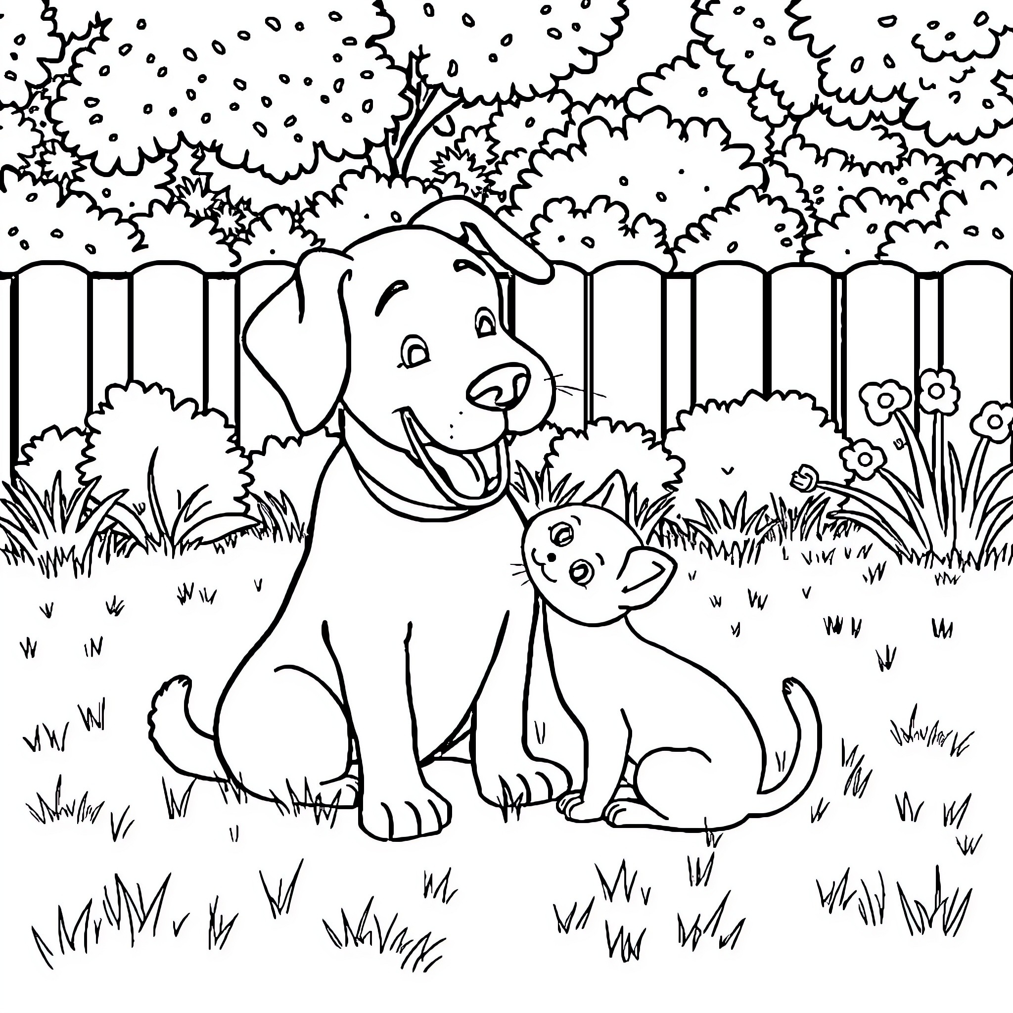 Dog with its puppy in the forest Coloring Page (free black-and-white line drawing printable PDF for all, from beginners to advanced learners, including children, teens, adults, and seniors)