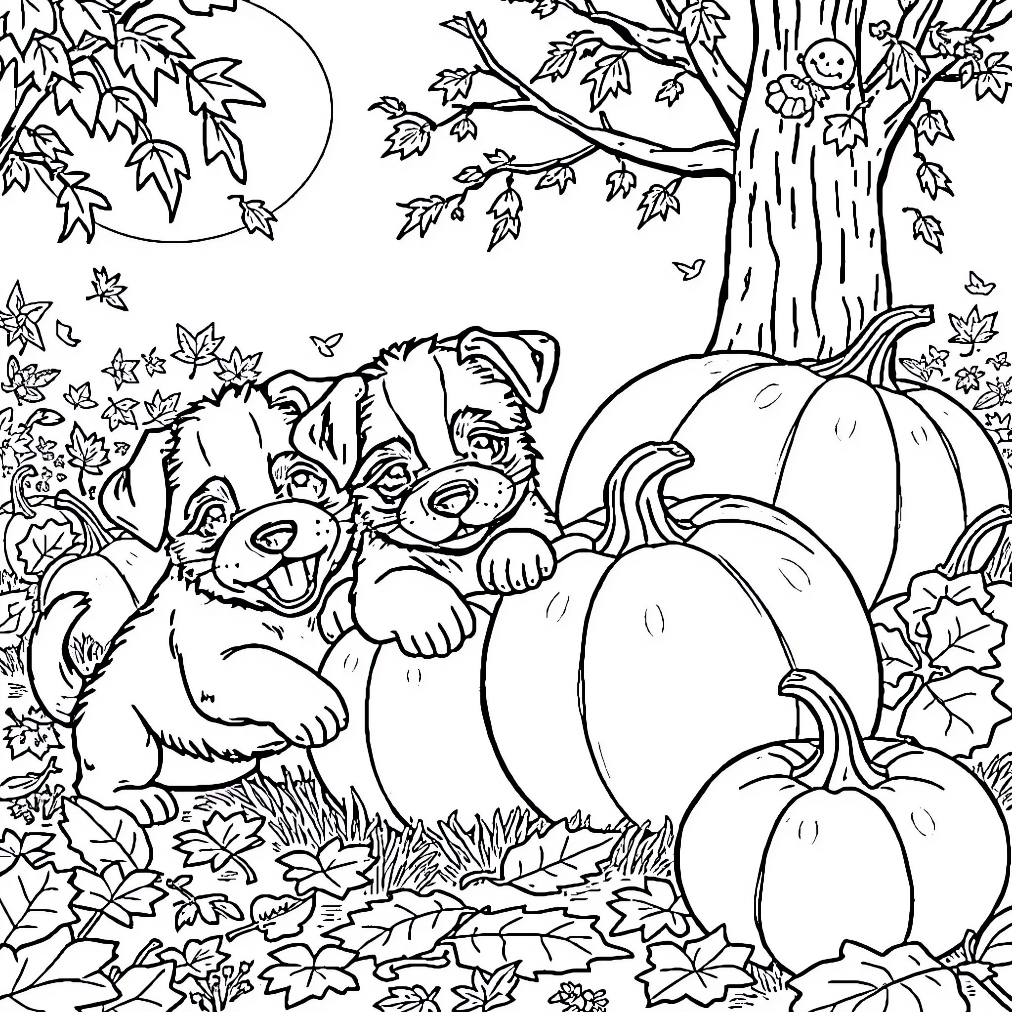 Puppy Playing in Autumn Leaves and Pumpkins Coloring Page (free black-and-white line drawing printable PDF for all, from beginners to advanced learners, including children, teens, adults, and seniors)