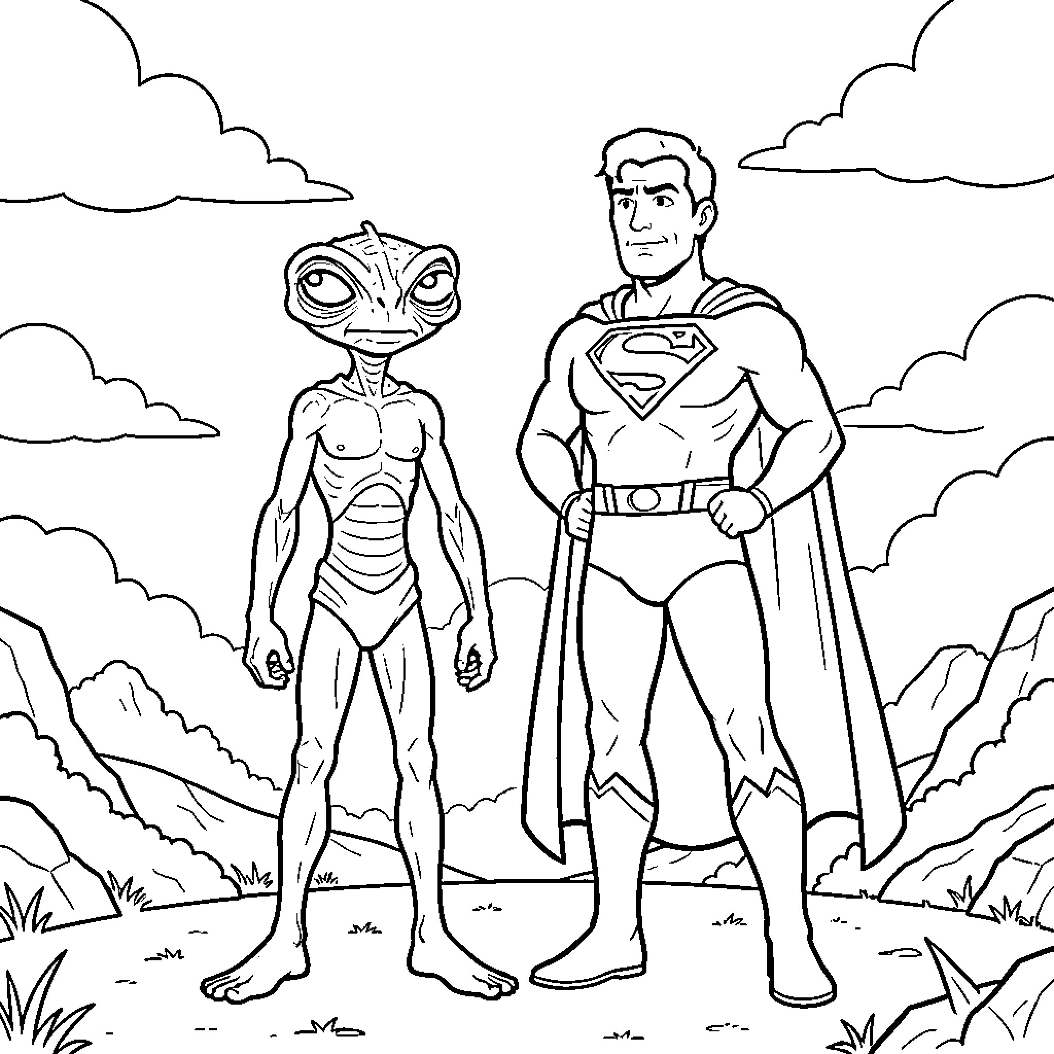 E.T. standing next to Superman in a landscape Coloring Page (free black-and-white line drawing printable PDF for all, from beginners to advanced learners, including children, teens, adults, and seniors)