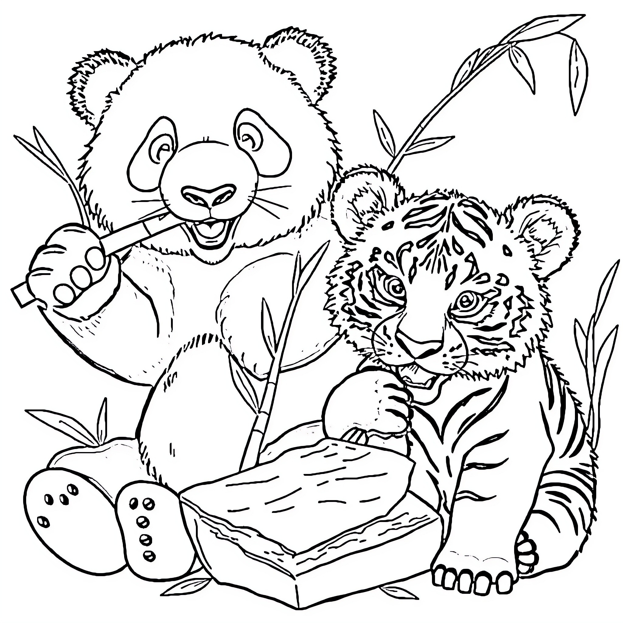 Panda family enjoying snacks in the jungle Coloring Page (free black-and-white line drawing printable PDF for all, from beginners to advanced learners, including children, teens, adults, and seniors)