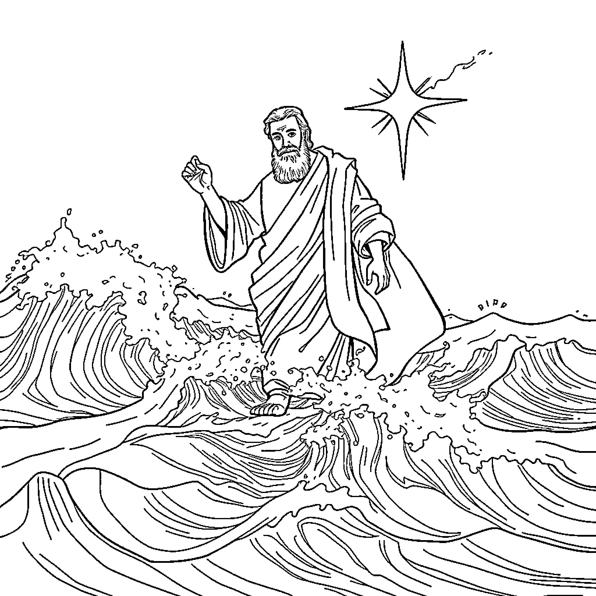 Apostle Peter walking on the stormy sea Coloring Page (free black-and-white line drawing printable PDF for all, from beginners to advanced learners, including children, teens, adults, and seniors)