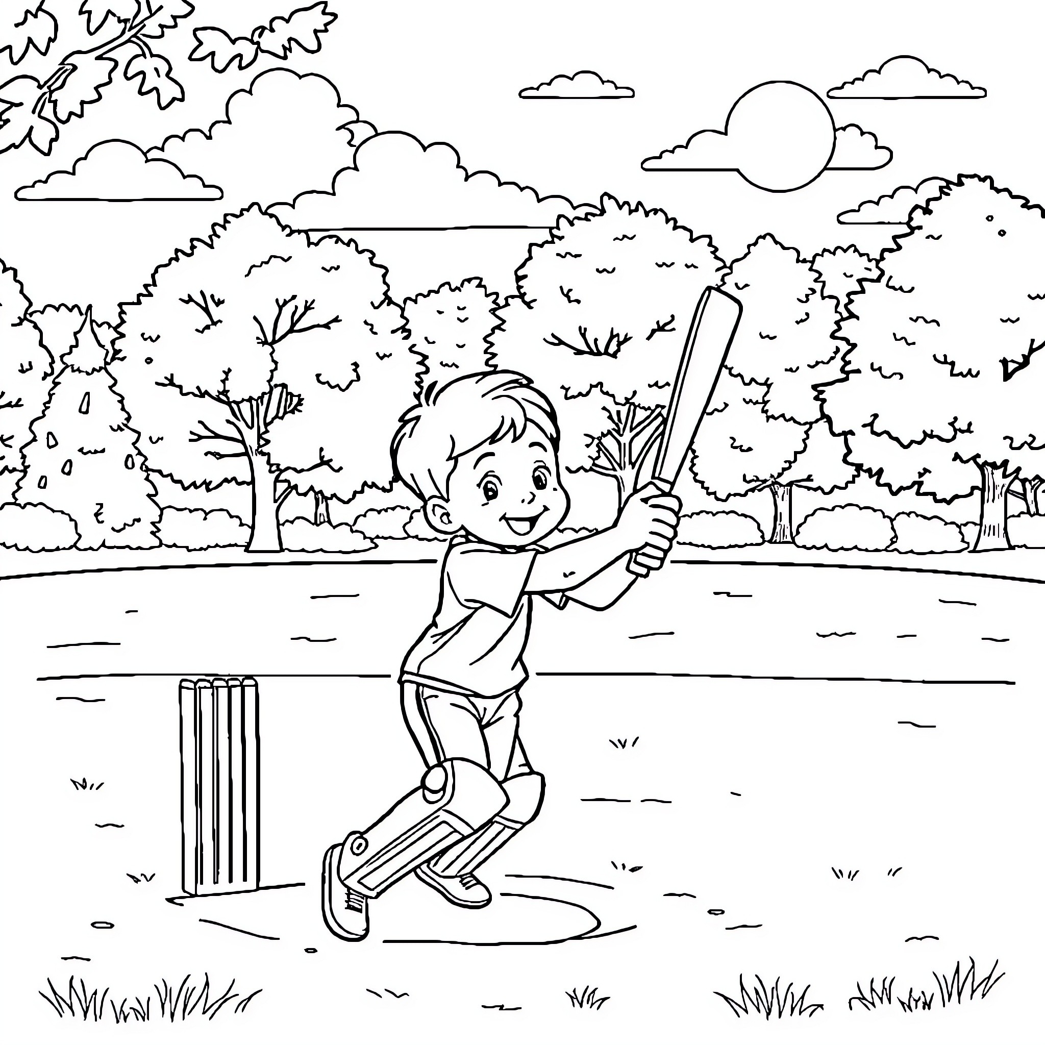 Boy playing cricket in a park Coloring Page (free black-and-white line drawing printable PDF for all, from beginners to advanced learners, including children, teens, adults, and seniors)