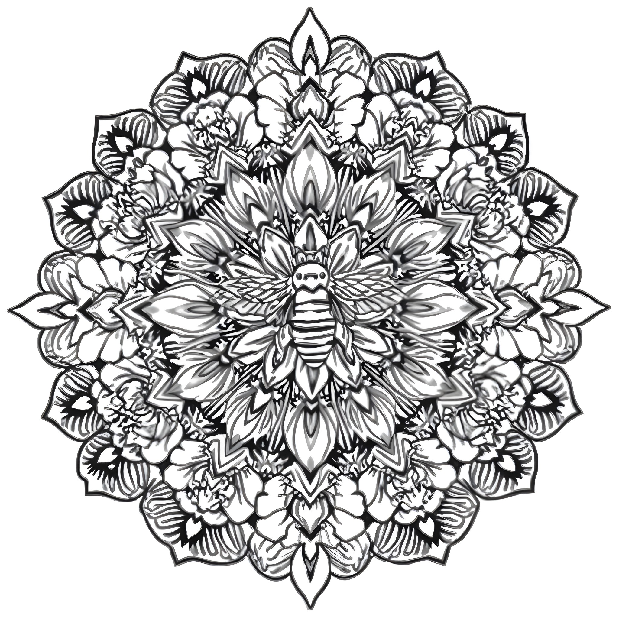 Mandala with intricate floral patterns and a bee Coloring Page (free black-and-white line drawing printable PDF for all, from beginners to advanced learners, including children, teens, adults, and seniors)