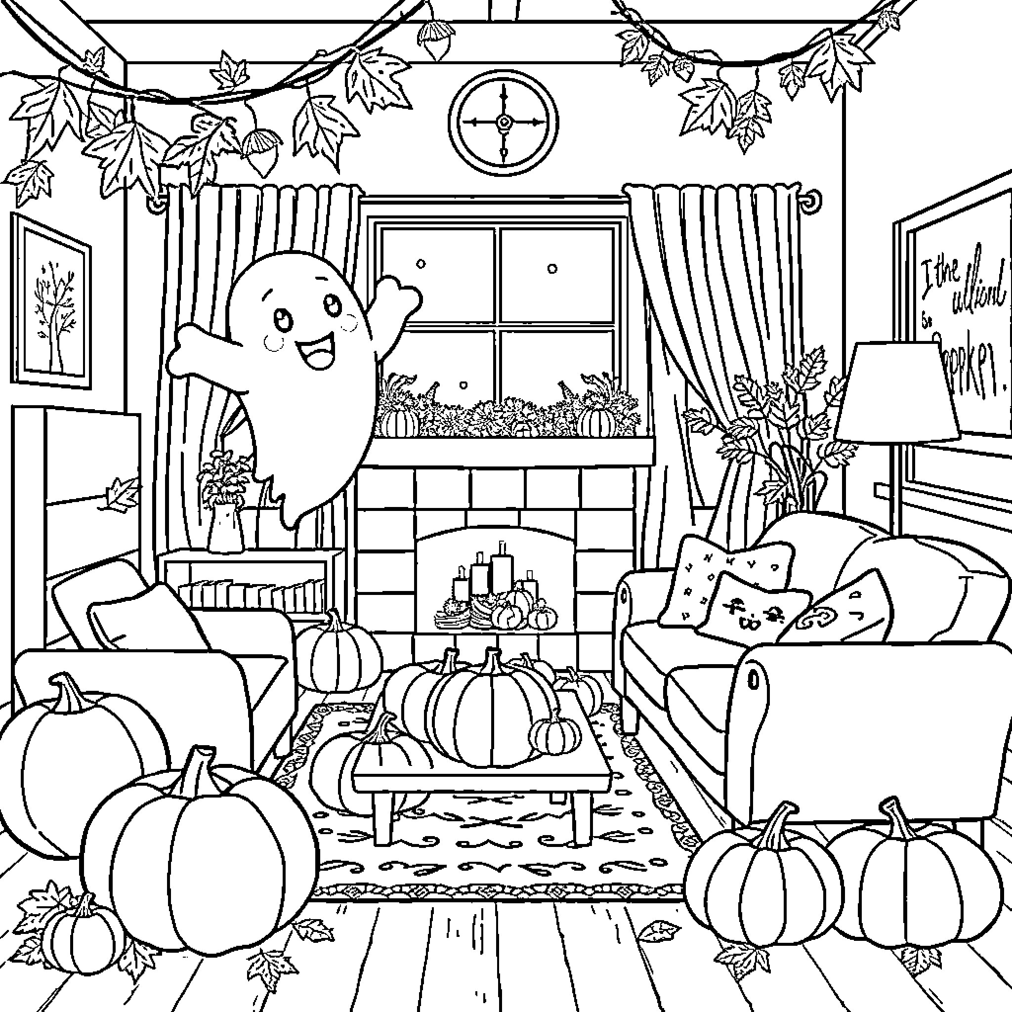 Ghost Haunting a Cozy Autumn Home Coloring Page (free black-and-white line drawing printable PDF for all, from beginners to advanced learners, including children, teens, adults, and seniors)
