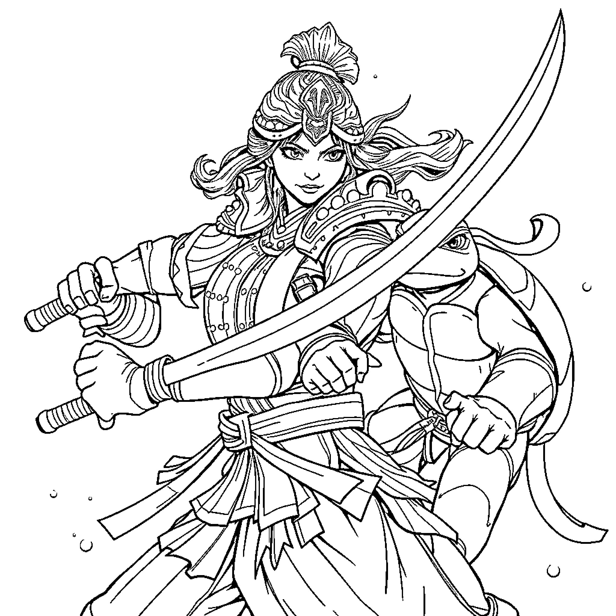 Samurai Warrior with Flowing Robes and Dual Swords Coloring Page (free black-and-white line drawing printable PDF for all, from beginners to advanced learners, including children, teens, adults, and seniors)