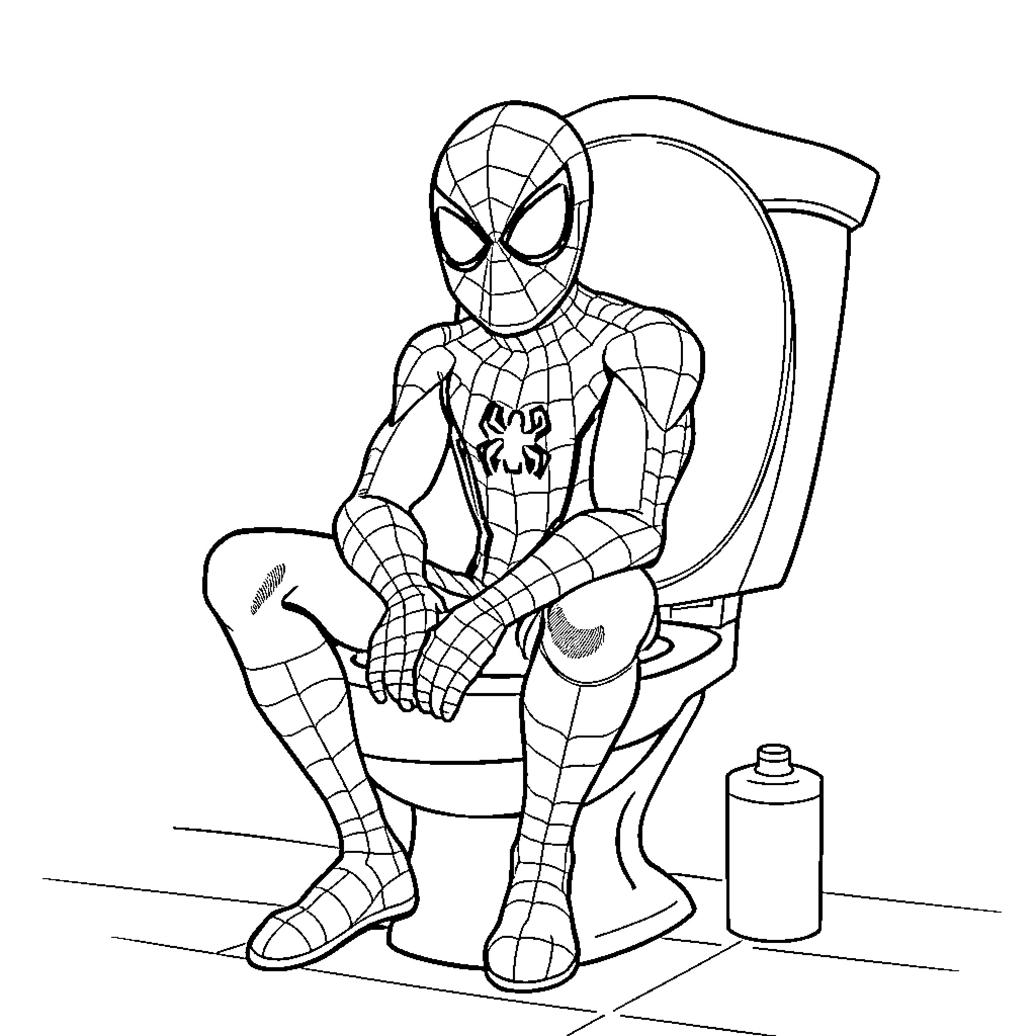 Spiderman relaxing on the toilet Coloring Page (free black-and-white line drawing printable PDF for all, from beginners to advanced learners, including children, teens, adults, and seniors)