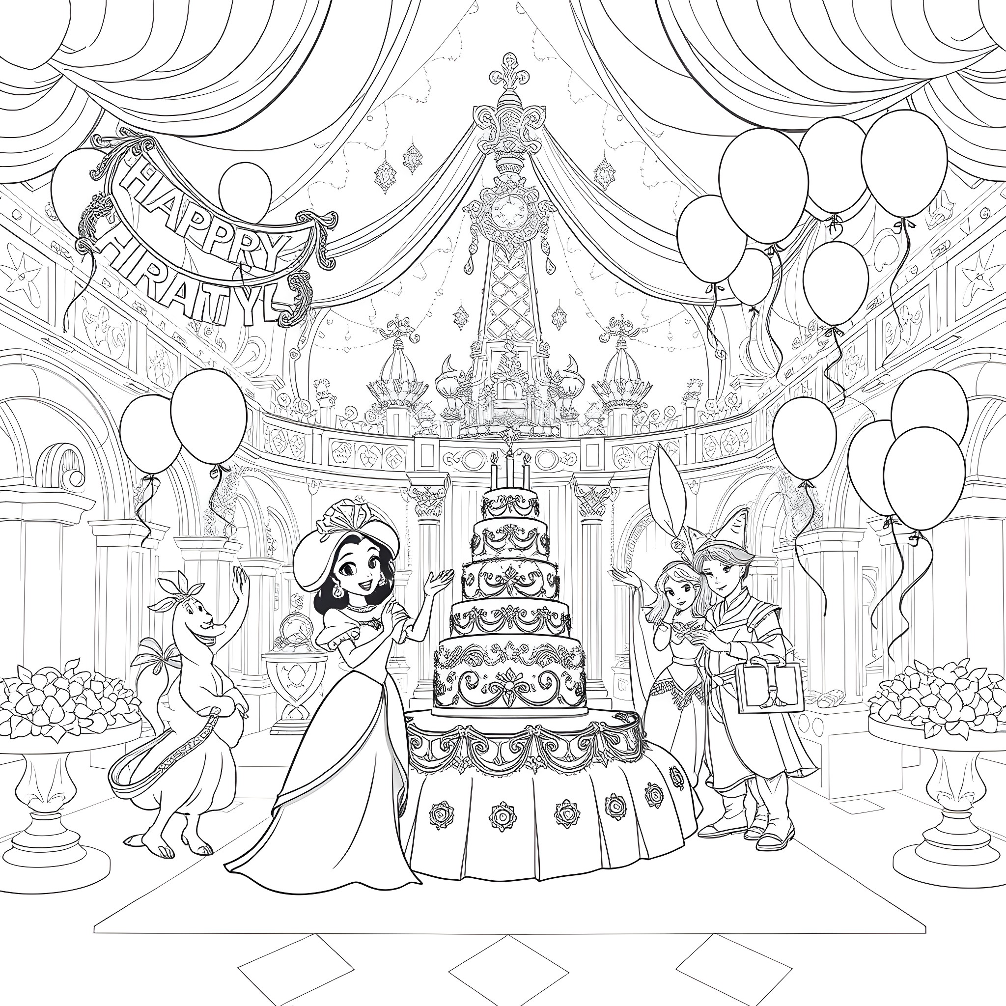 Princess Celebrating Birthday with Family and Friends Coloring Page (free black-and-white line drawing printable PDF for all, from beginners to advanced learners, including children, teens, adults, and seniors)