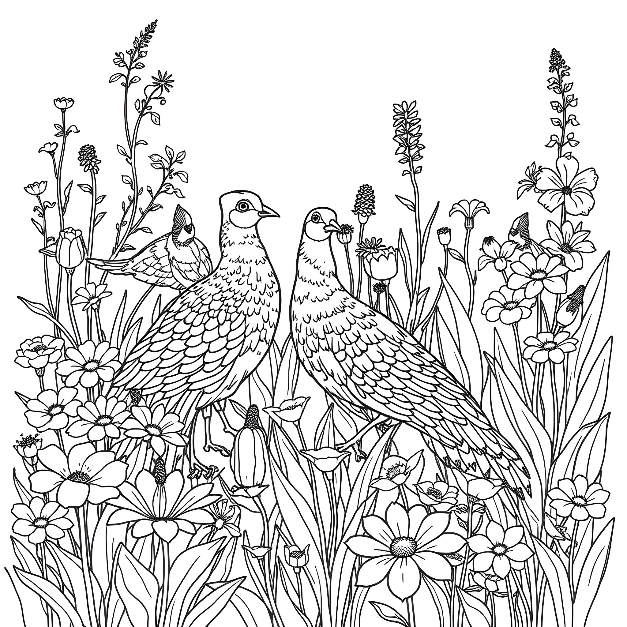 Pheasant birds amidst the vibrant floral garden Coloring Page (free black-and-white line drawing printable PDF for all, from beginners to advanced learners, including children, teens, adults, and seniors)