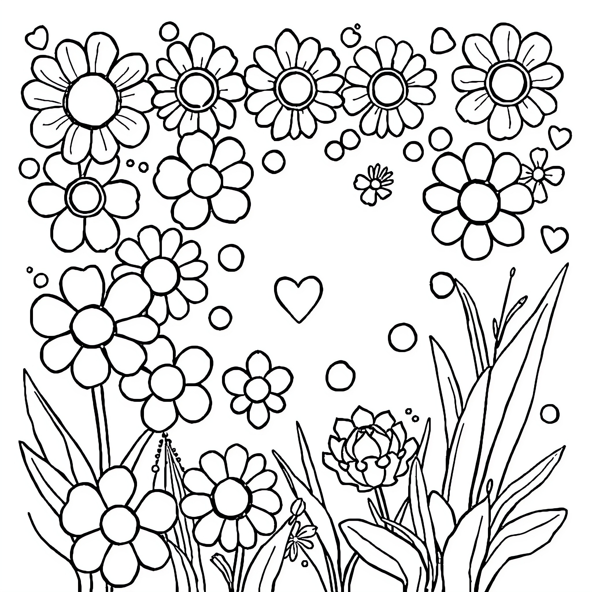 Sticker with playful flower doodles Coloring Page (free black-and-white line drawing printable PDF for all, from beginners to advanced learners, including children, teens, adults, and seniors)