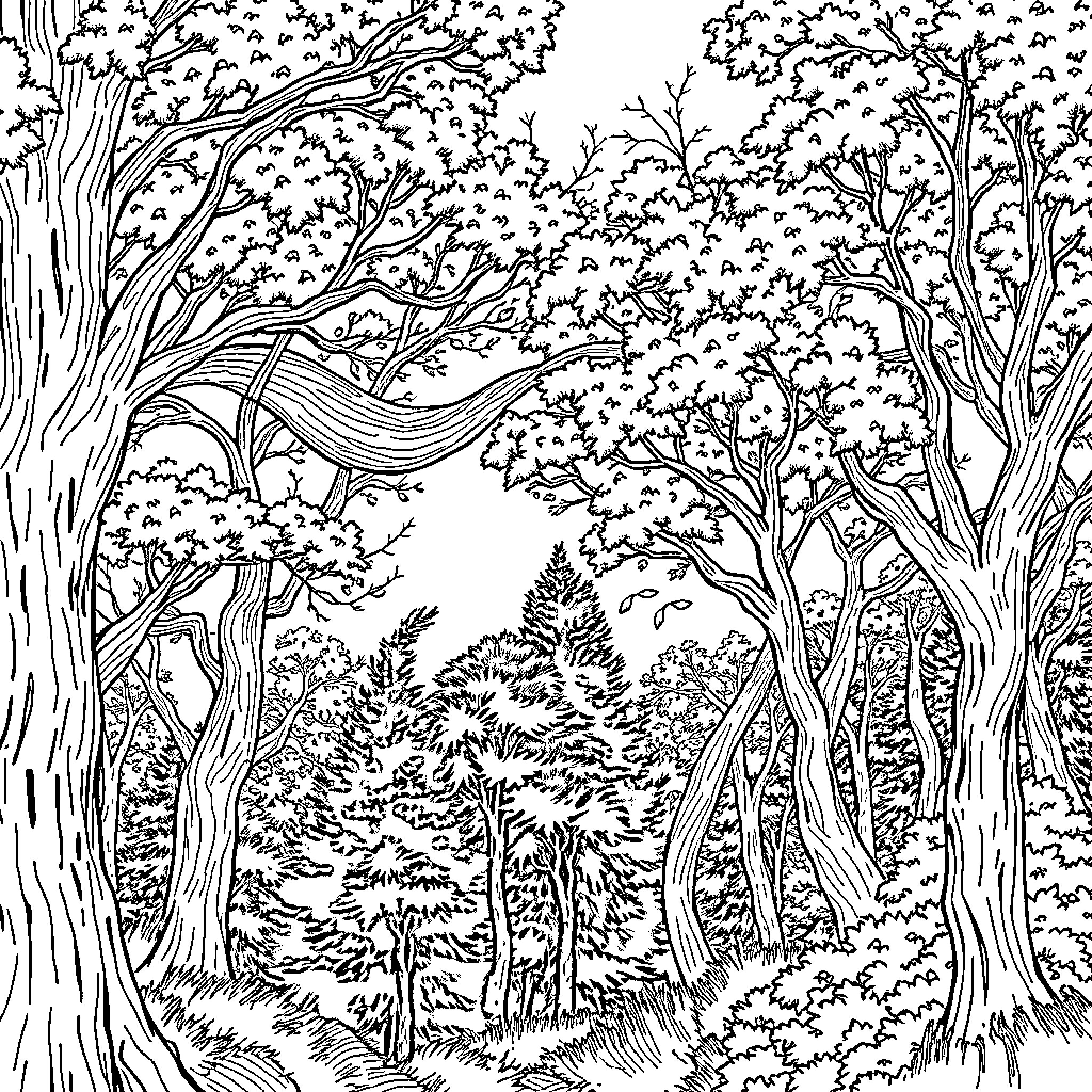 Wind sweeping through the magical forest Coloring Page (free black-and-white line drawing printable PDF for all, from beginners to advanced learners, including children, teens, adults, and seniors)