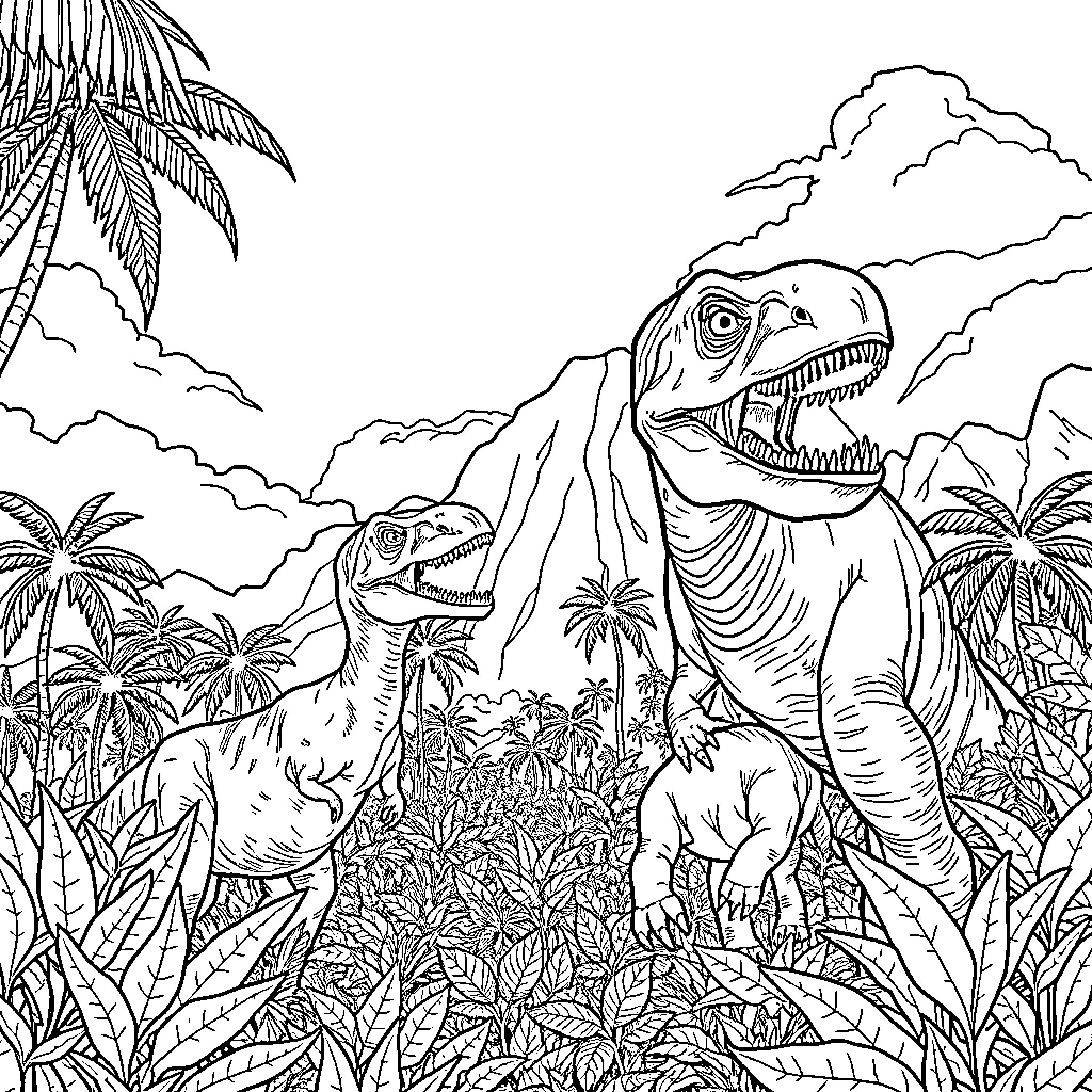 Jurassic Park Dinosaurs in Prehistoric Landscape Coloring Page (free black-and-white line drawing printable PDF for all, from beginners to advanced learners, including children, teens, adults, and seniors)