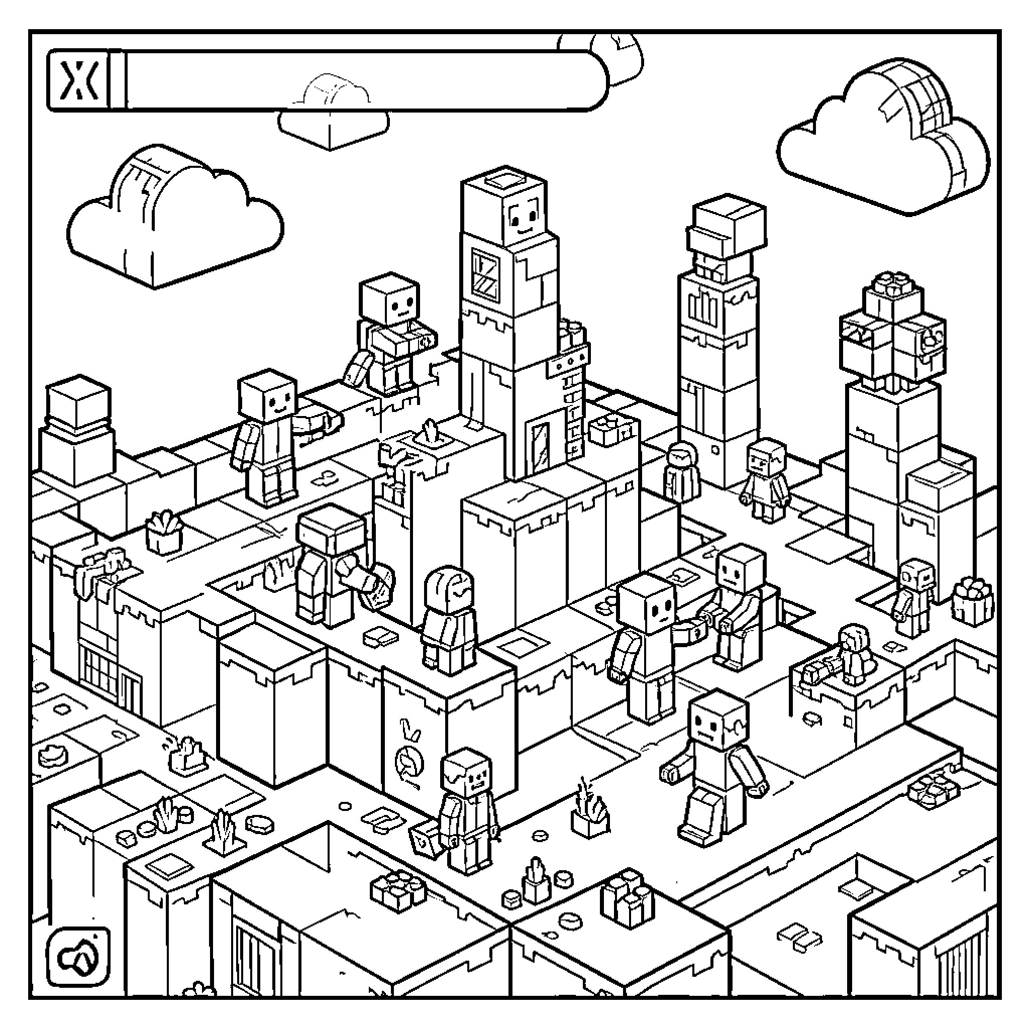 Minicraft characters exploring a desert landscape with buildings Coloring Page (free black-and-white line drawing printable PDF for all, from beginners to advanced learners, including children, teens, adults, and seniors)