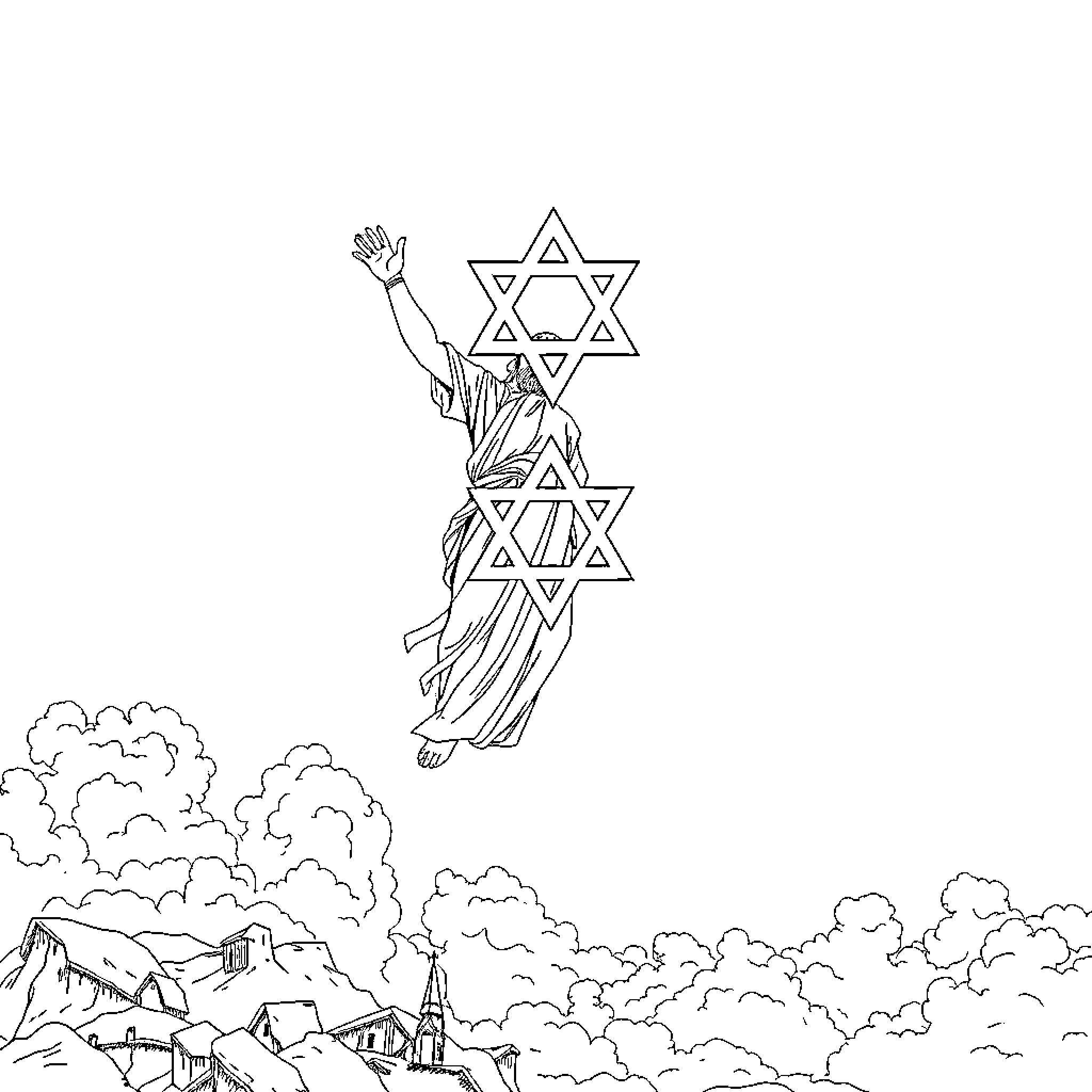 God's Triumphant Statue Amid Cloudy Skies Coloring Page (free black-and-white line drawing printable PDF for all, from beginners to advanced learners, including children, teens, adults, and seniors)