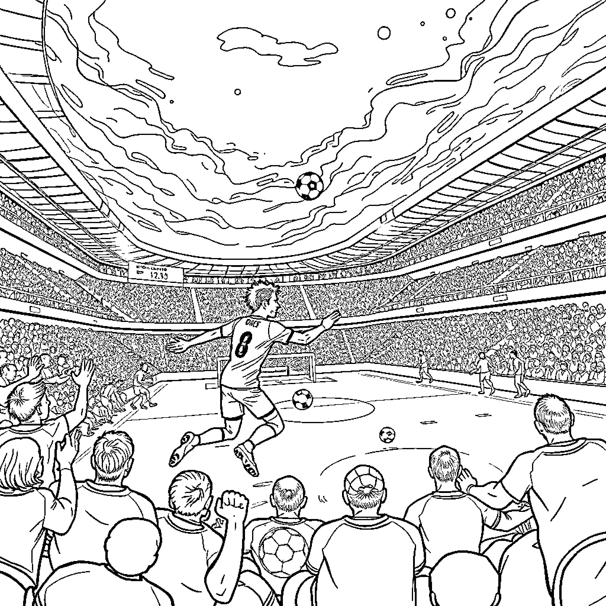 Handball game in an intense stadium setting Coloring Page (free black-and-white line drawing printable PDF for all, from beginners to advanced learners, including children, teens, adults, and seniors)