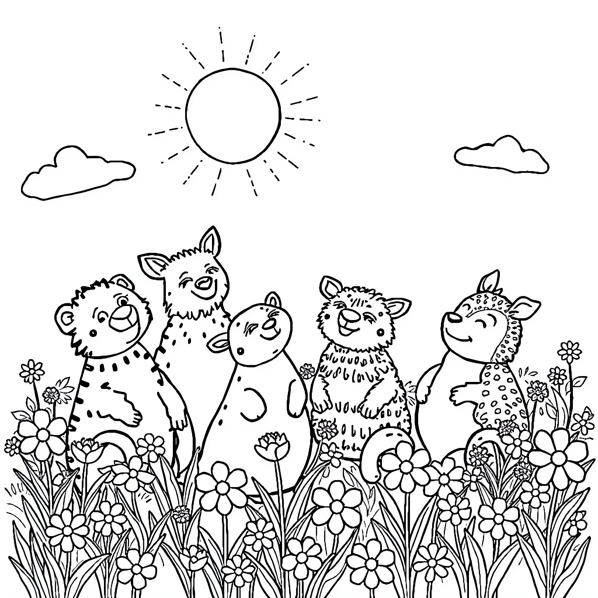 Animal friends enjoying a sunny day in the field Coloring Page (free black-and-white line drawing printable PDF for all, from beginners to advanced learners, including children, teens, adults, and seniors)