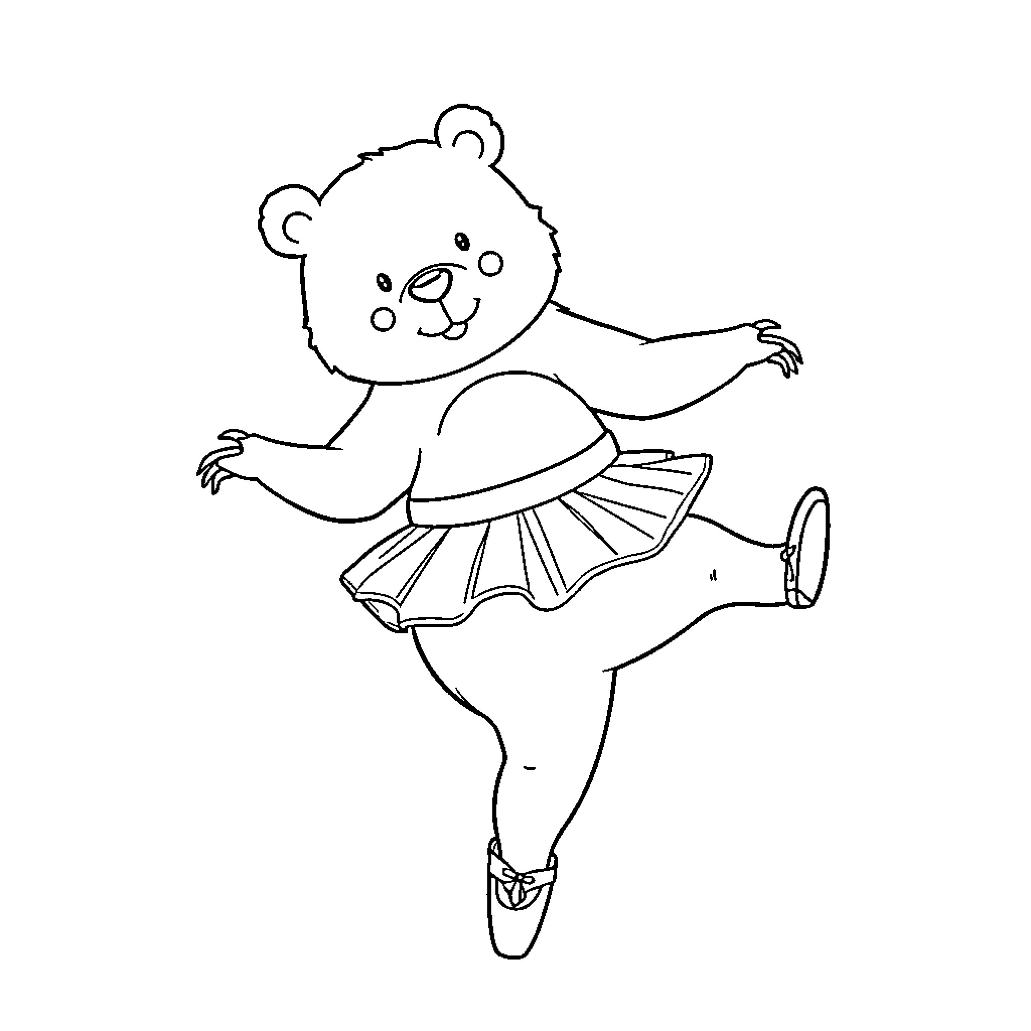 Bear dancing in a tutu Coloring Page (free black-and-white line drawing printable PDF for all, from beginners to advanced learners, including children, teens, adults, and seniors)